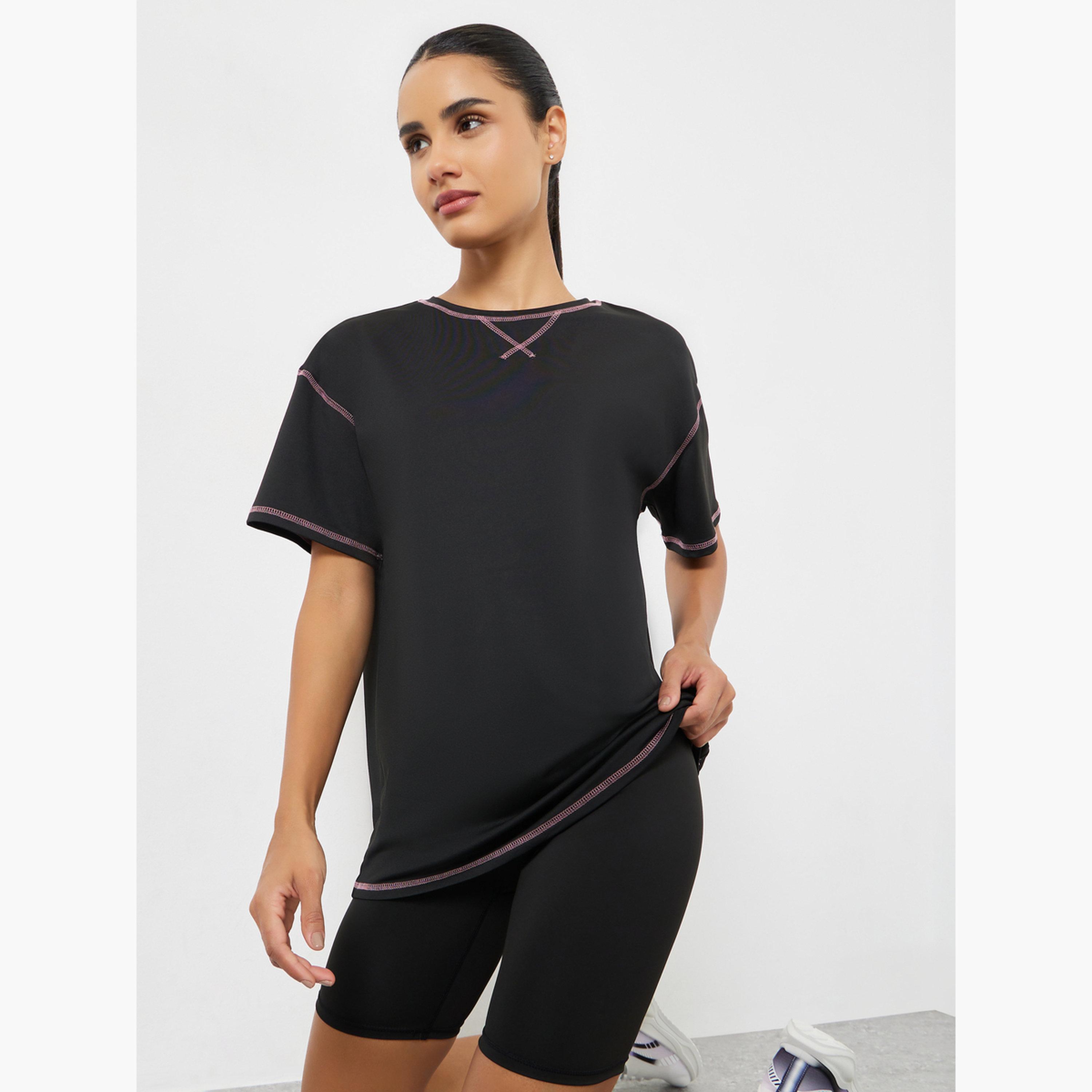 بلوزة قصة واسعة مربعة بخياطة حافة متباينة-women-clothing-sportswearandactivewear-tshirtsandvests-image-3