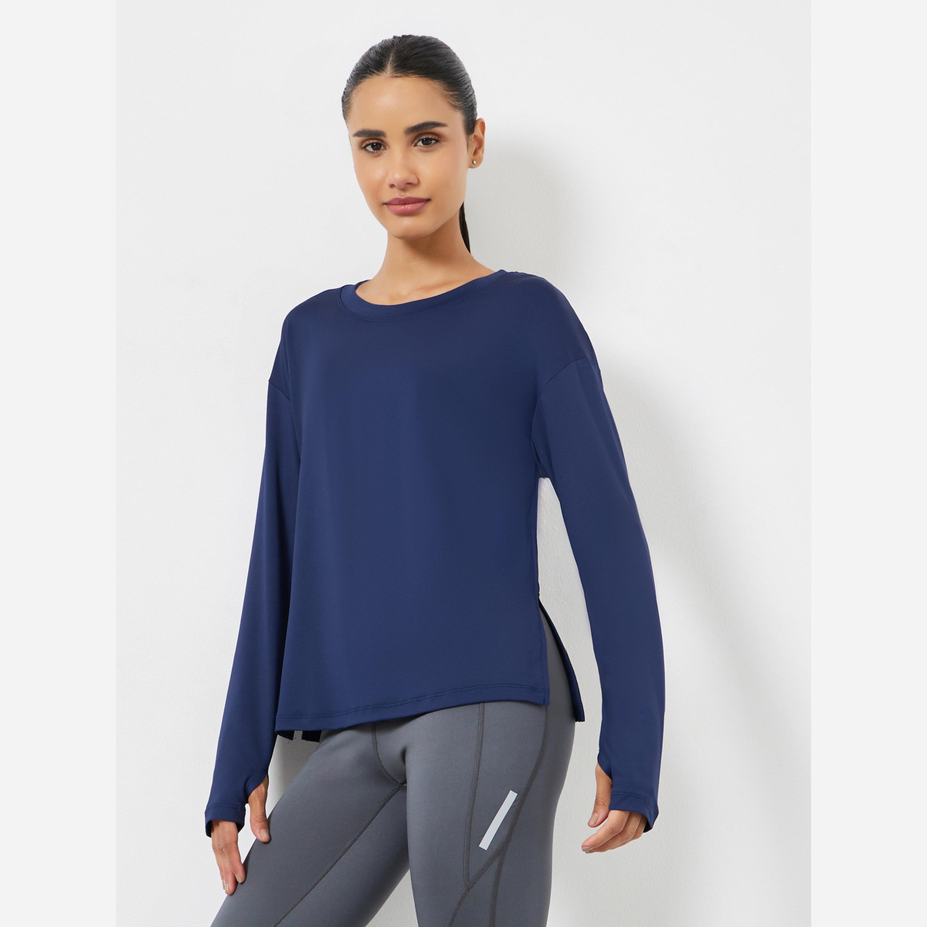 Styli Side Slit Dotted Reflective Stripe Thumbhole Long Sleeve Top-women-clothing-sportswearandactivewear-tshirtsandvests-image-1