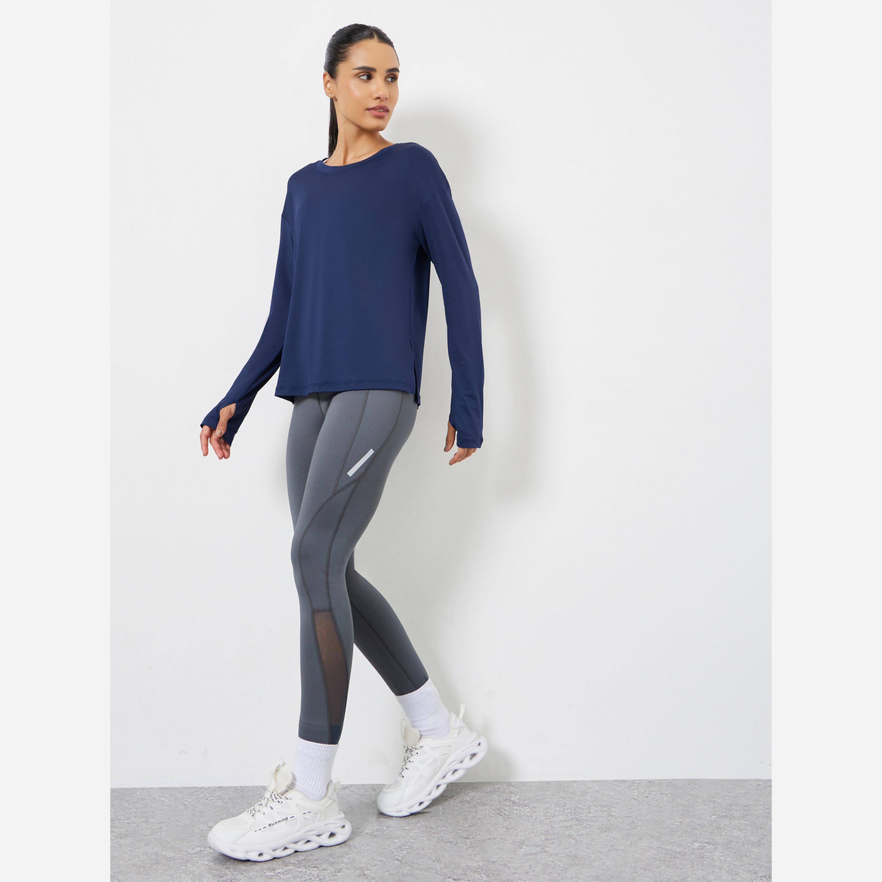 Styli Side Slit Dotted Reflective Stripe Thumbhole Long Sleeve Top-women-clothing-sportswearandactivewear-tshirtsandvests-image-2