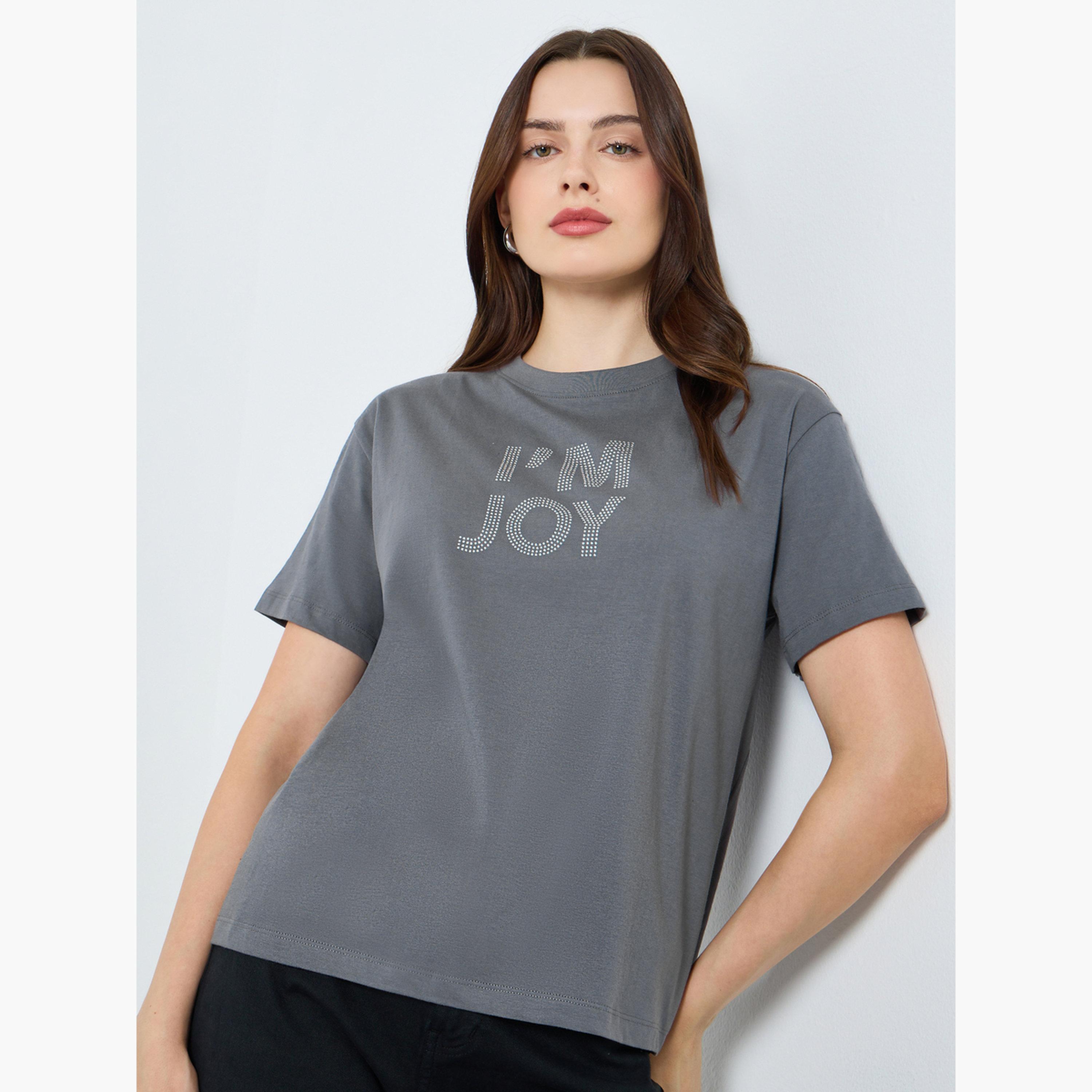 Styli Women Grey Slogan Print T-Shirt-women-clothing-tshirts-image-1