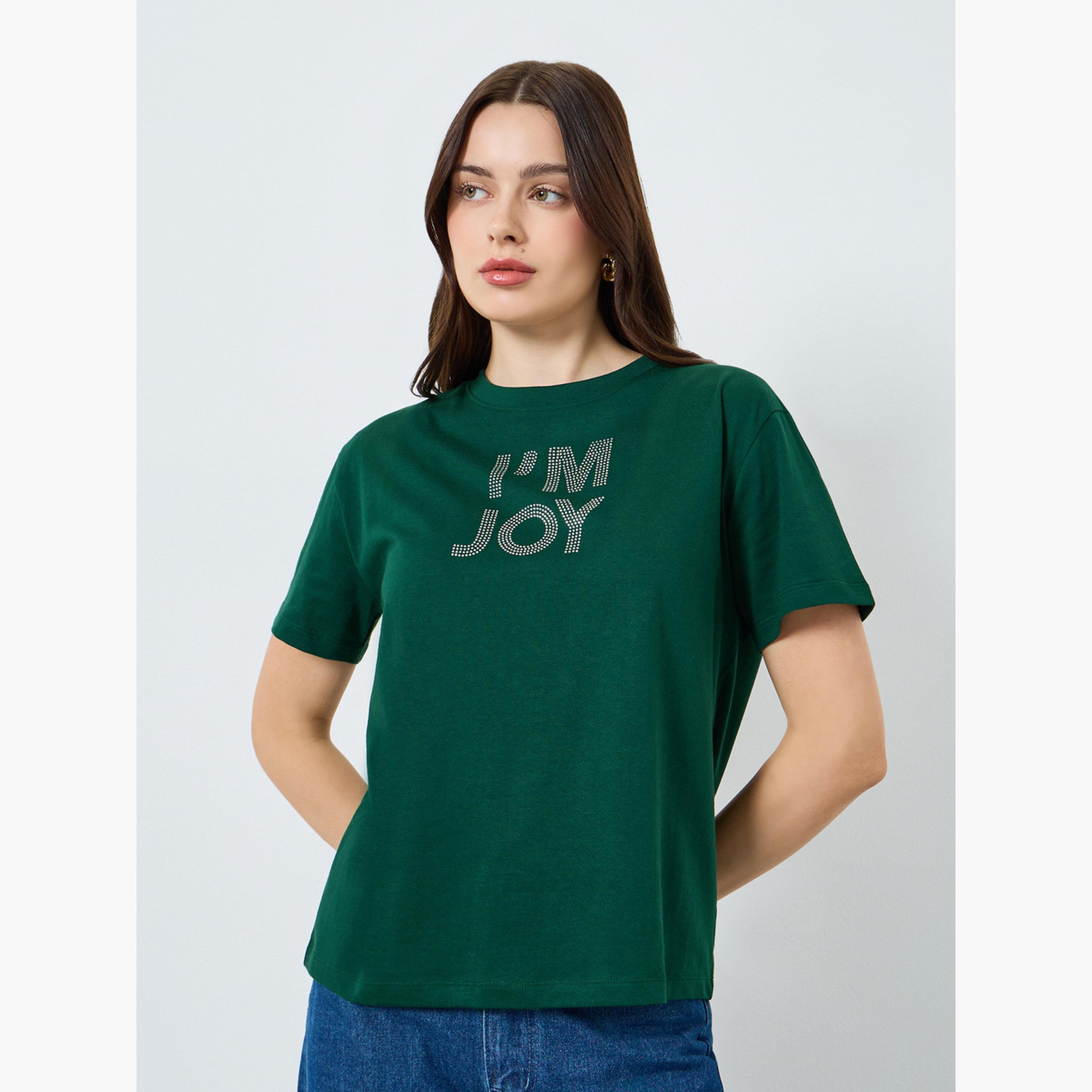 تيشيرت مطبع بكتابة مع أكمام قصيرة-women-clothing-tshirts-image-1