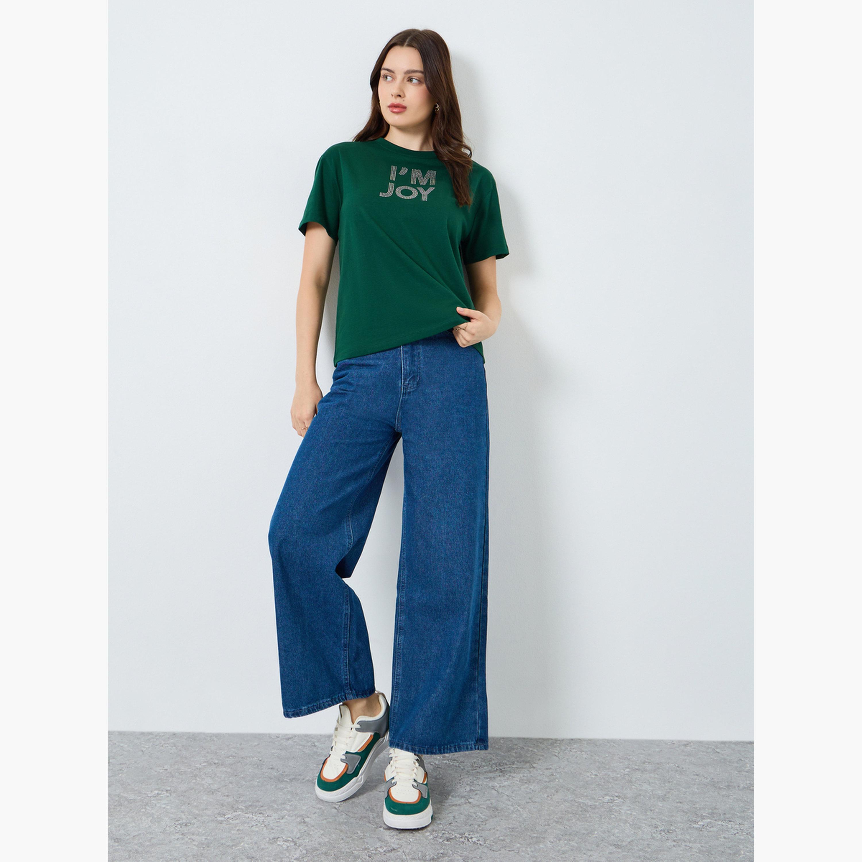 تيشيرت مطبع بكتابة مع أكمام قصيرة-women-clothing-tshirts-image-2