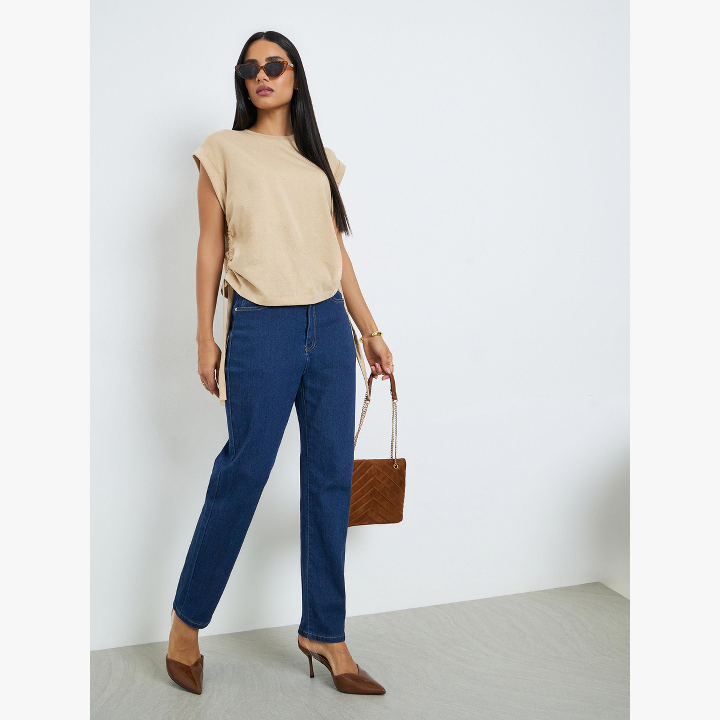 تيشيرت برباط جانبي وتفاصيل مزمومة لون بيج-women-clothing-tshirts-image-2