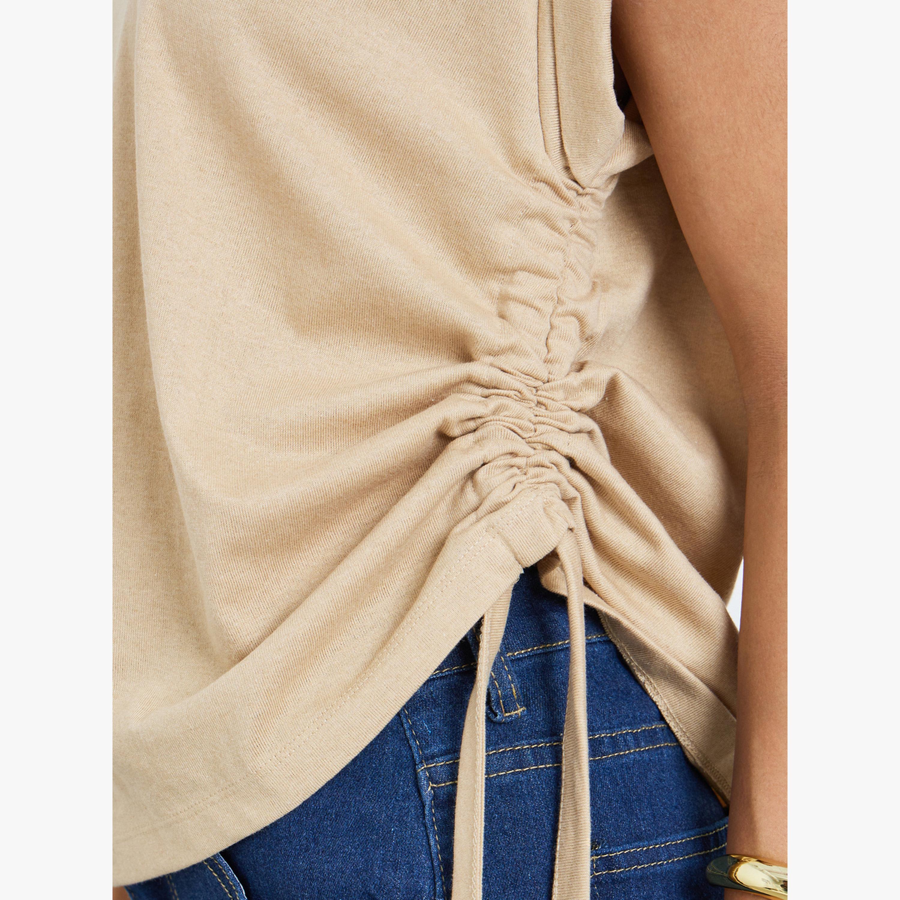 Styli Beige Ruched Side Tie T-Shirt-women-clothing-tshirts-image-4