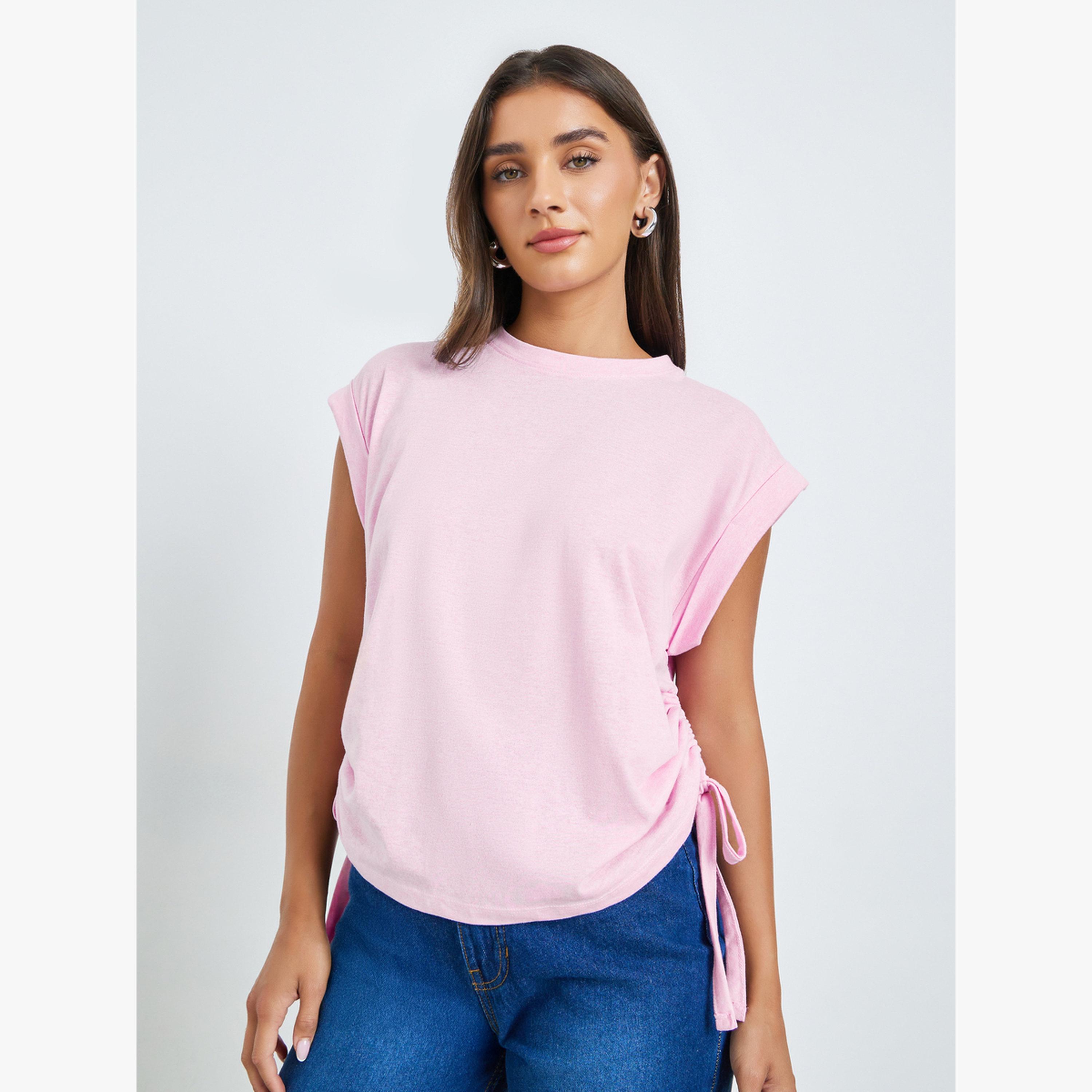 Styli Pink Ruched Side Tie T-Shirt-women-clothing-tshirts-image-1