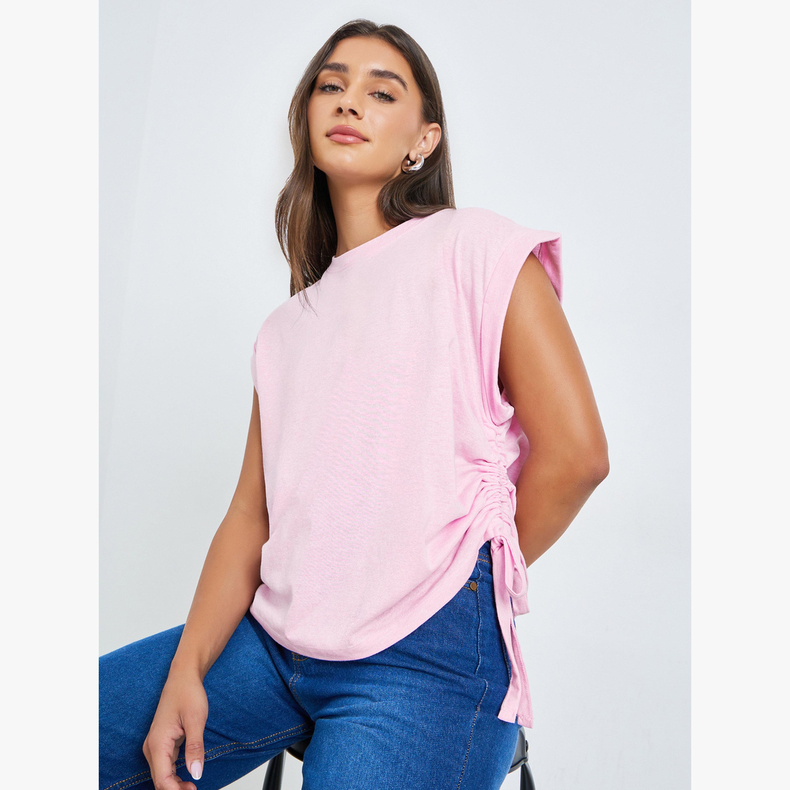 Styli Pink Ruched Side Tie T-Shirt-women-clothing-tshirts-image-3