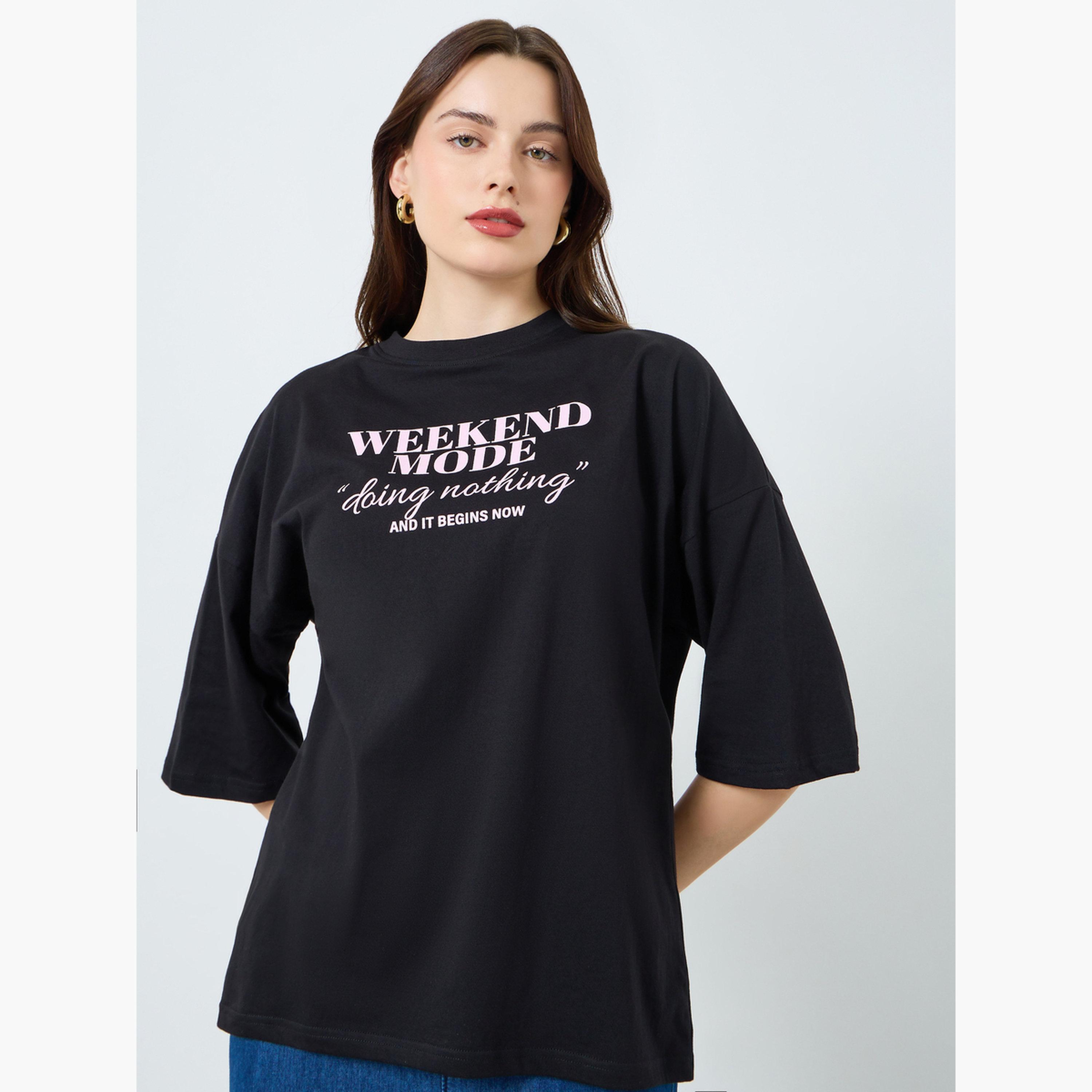 Styli Women Black Slogan Print T-Shirt-women-clothing-tshirts-image-1