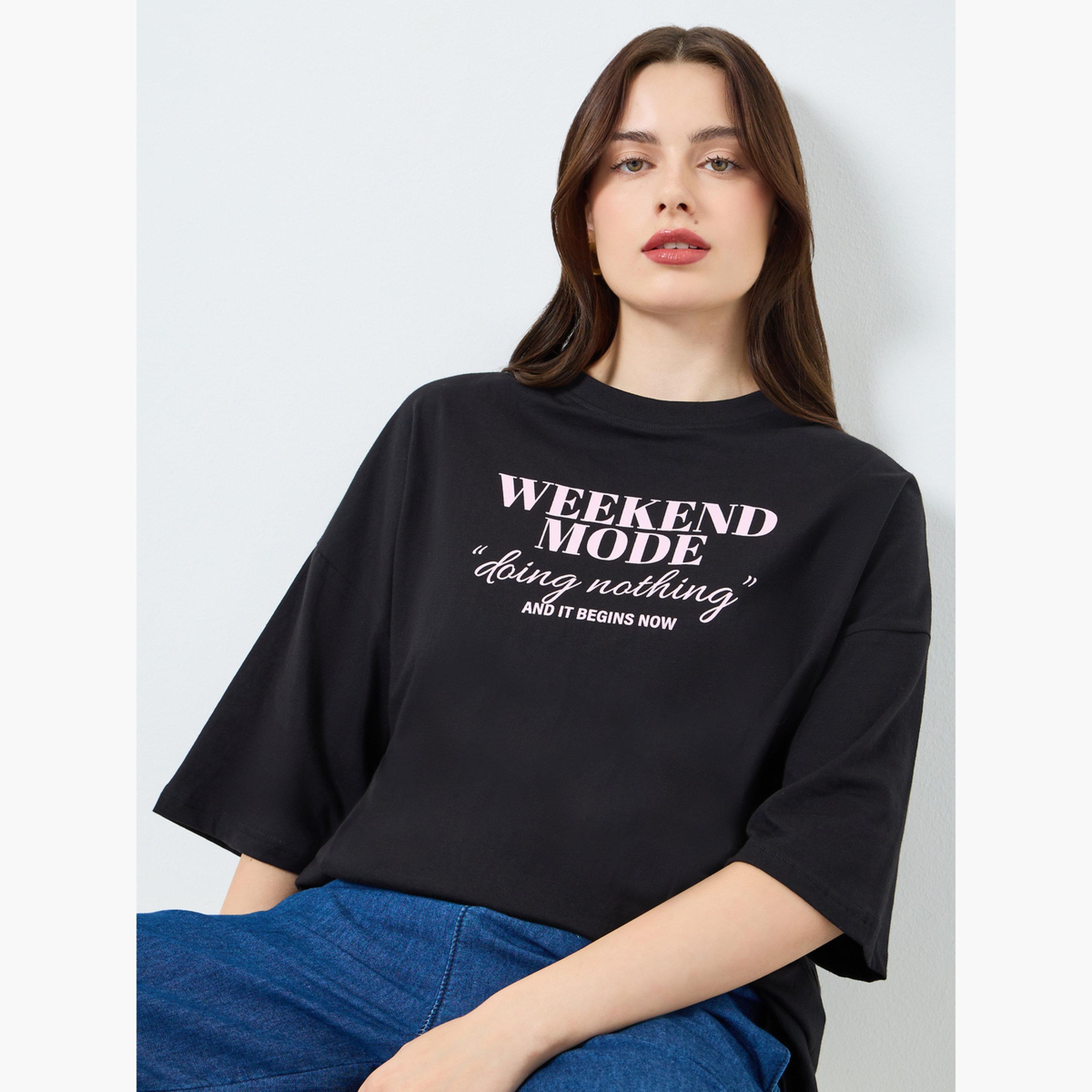 Styli Women Black Slogan Print T-Shirt-women-clothing-tshirts-image-3