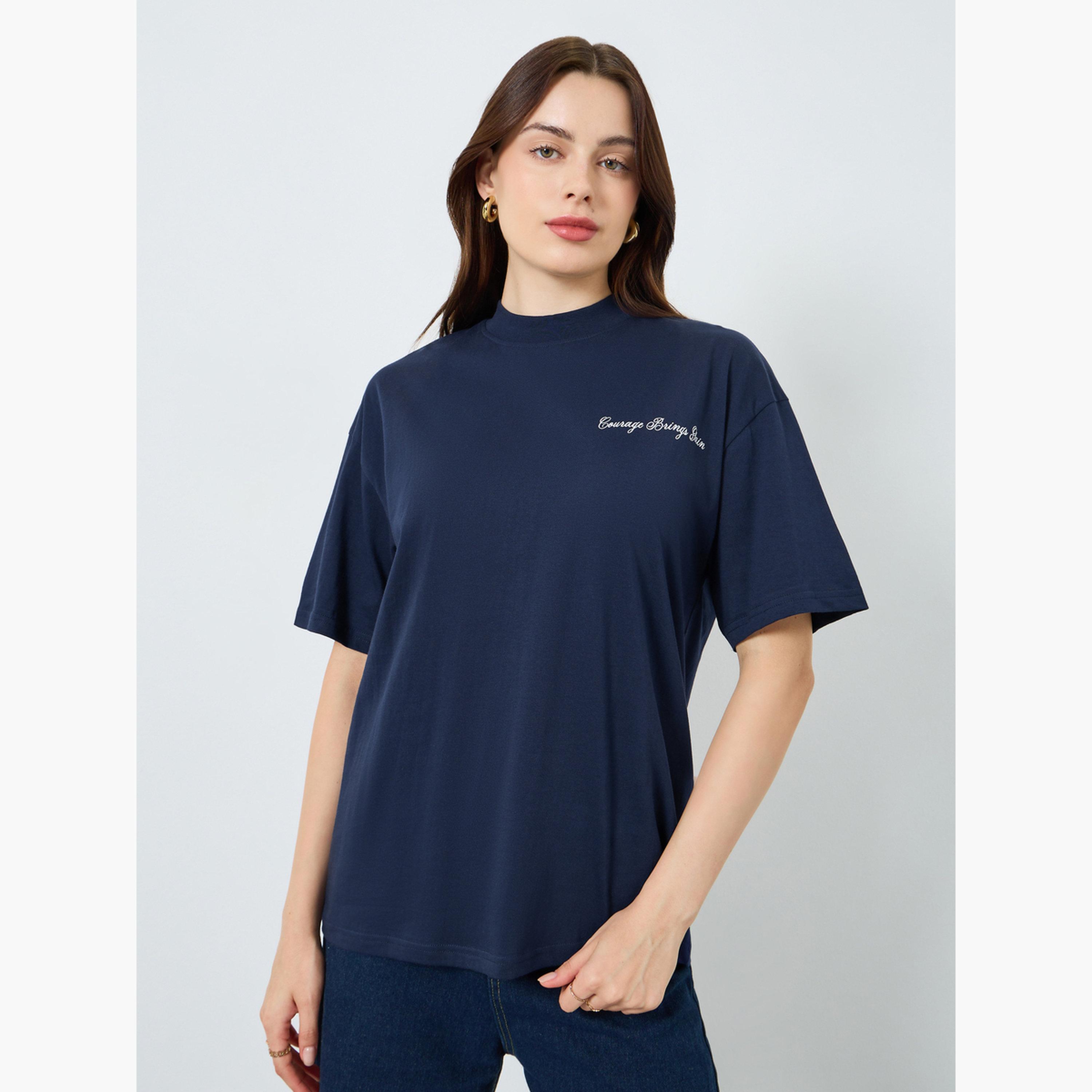Styli Women Navy Blue Slogan Oversized T-Shirt-women-clothing-tshirts-image-1