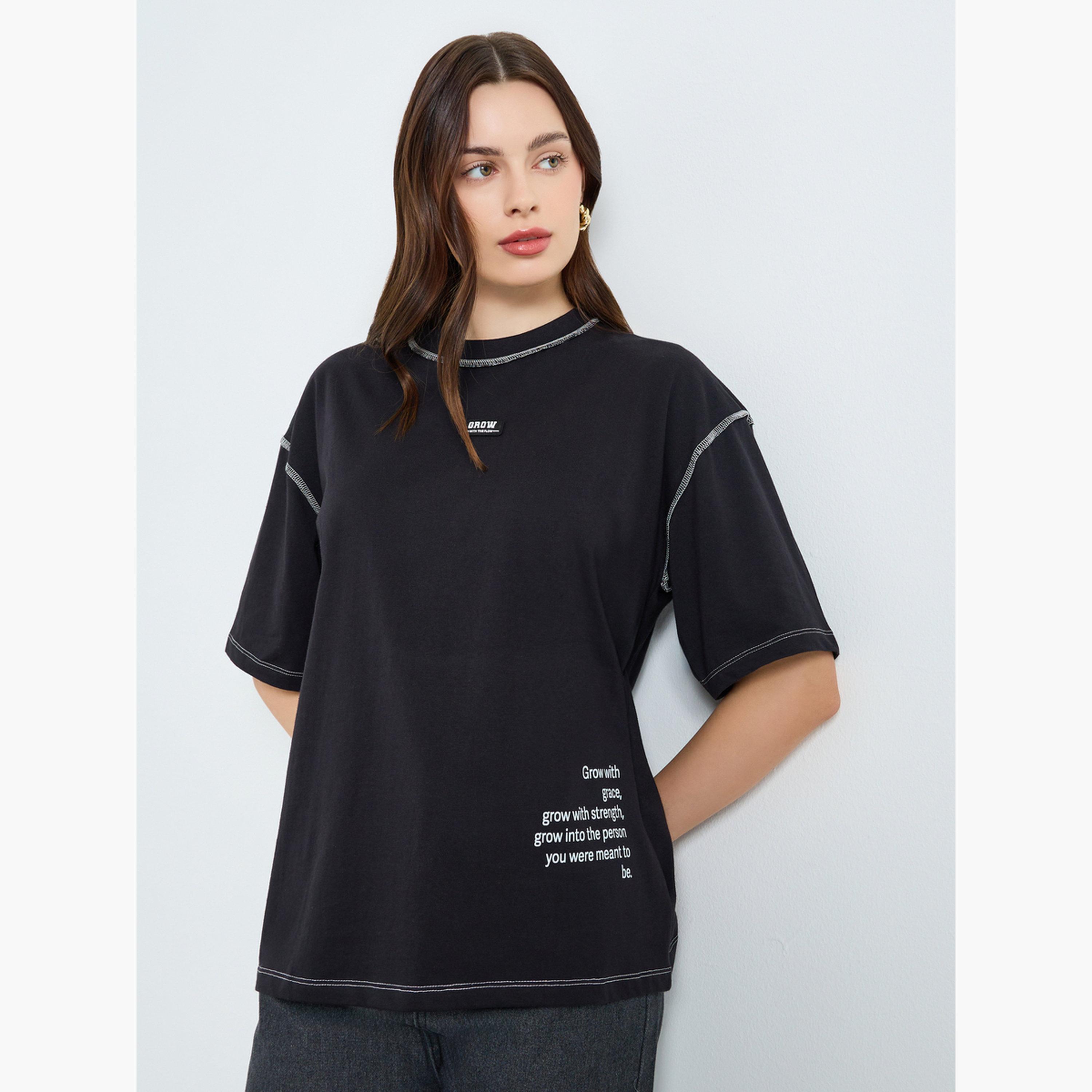 Styli Women Black Oversized Graphic Slogan T-Shirt-women-clothing-tshirts-image-1