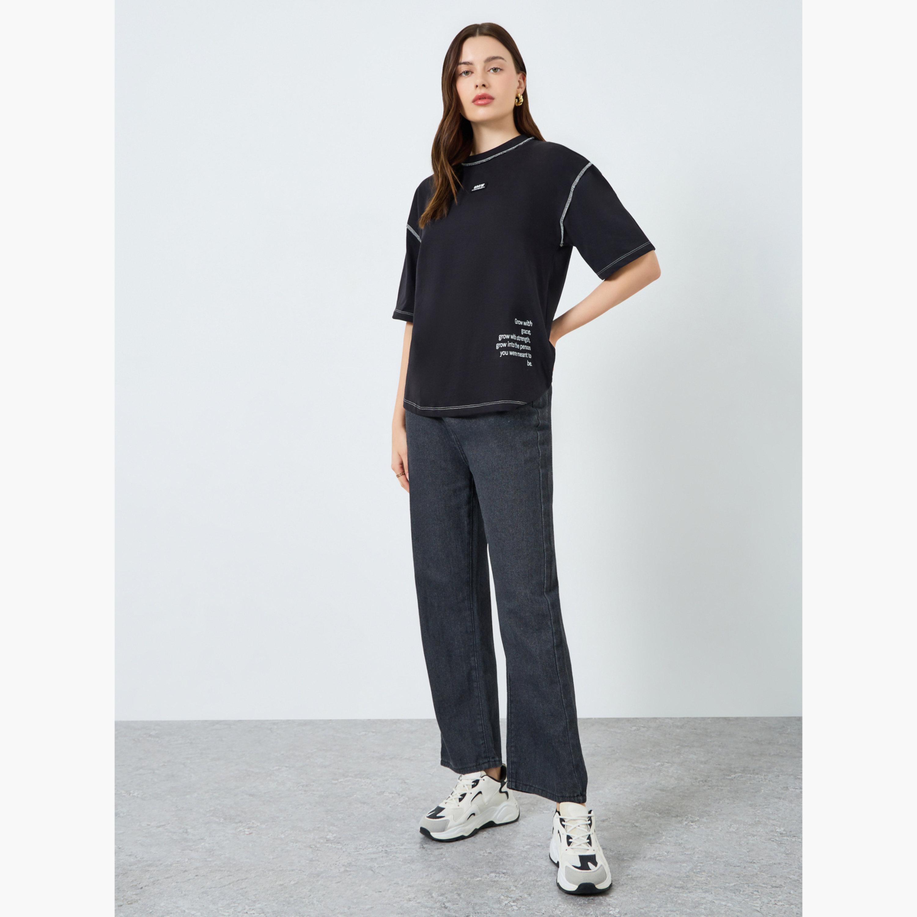 Styli Women Black Oversized Graphic Slogan T-Shirt-women-clothing-tshirts-image-2