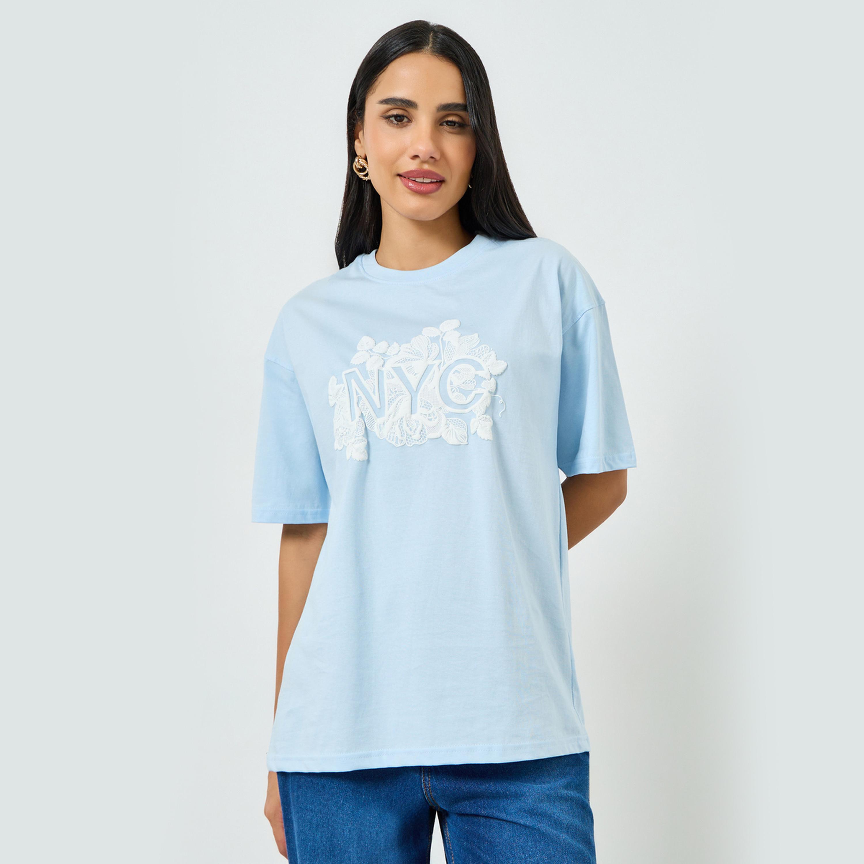 Styli Blue Oversized Rubber Print Cotton T-Shirt-women-clothing-tshirts-image-1