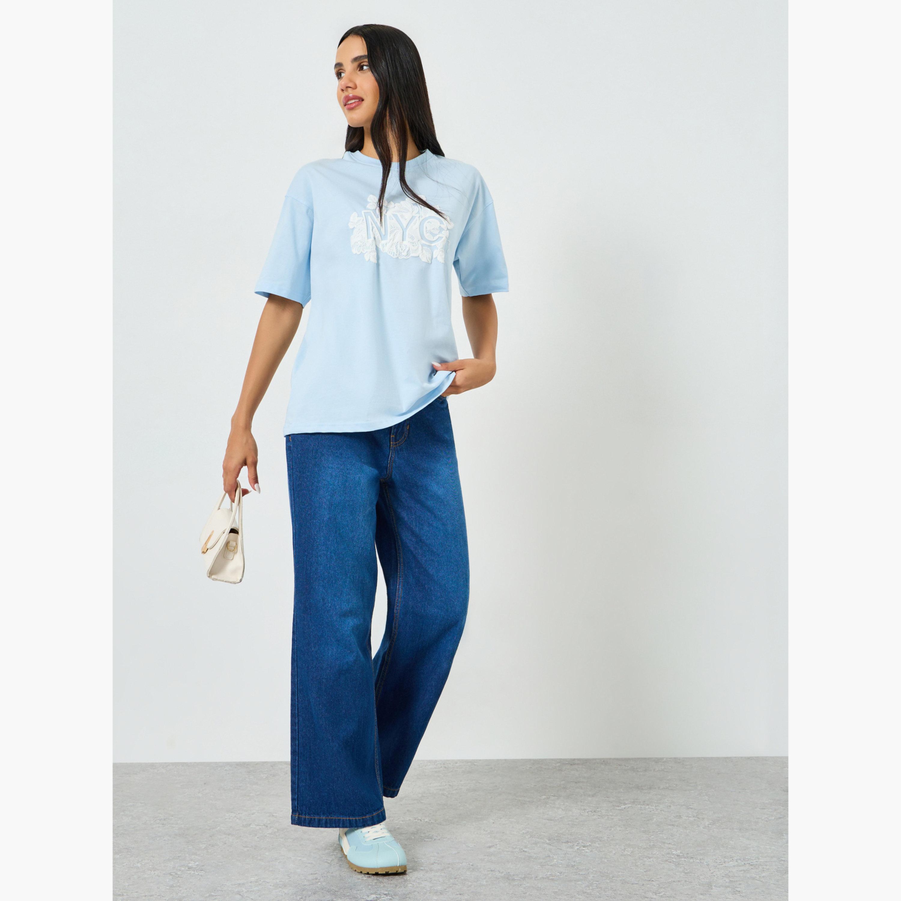 Styli Blue Oversized Rubber Print Cotton T-Shirt-women-clothing-tshirts-image-2