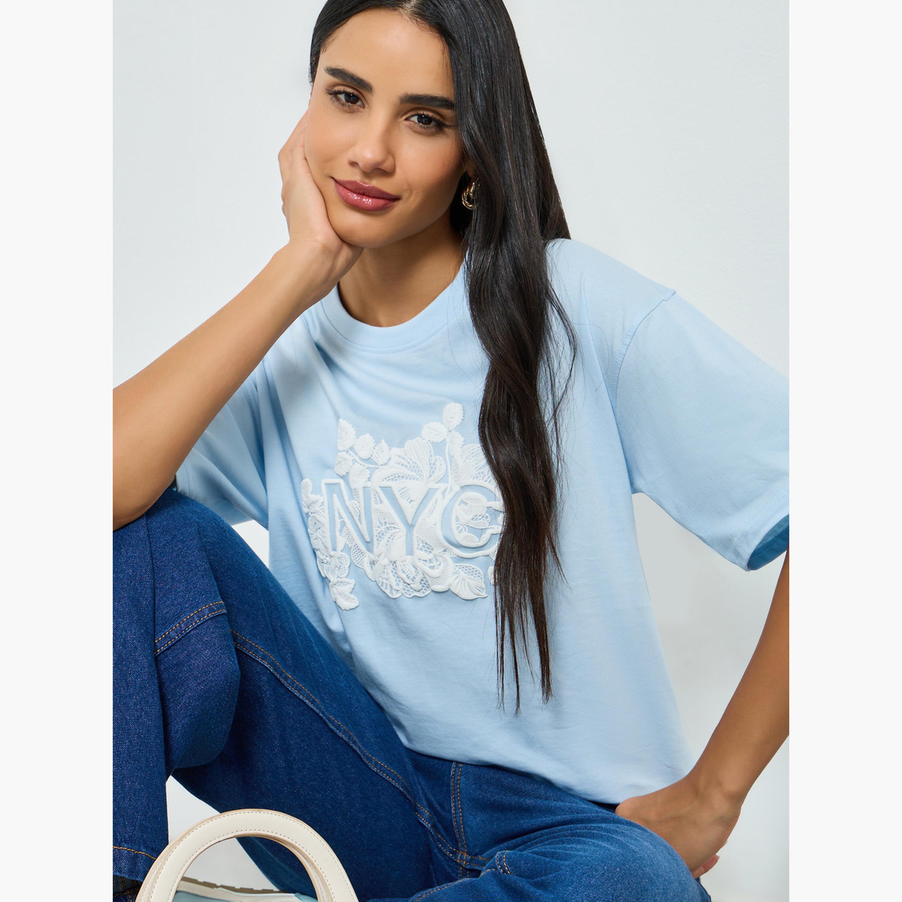 Styli Blue Oversized Rubber Print Cotton T-Shirt-women-clothing-tshirts-image-3
