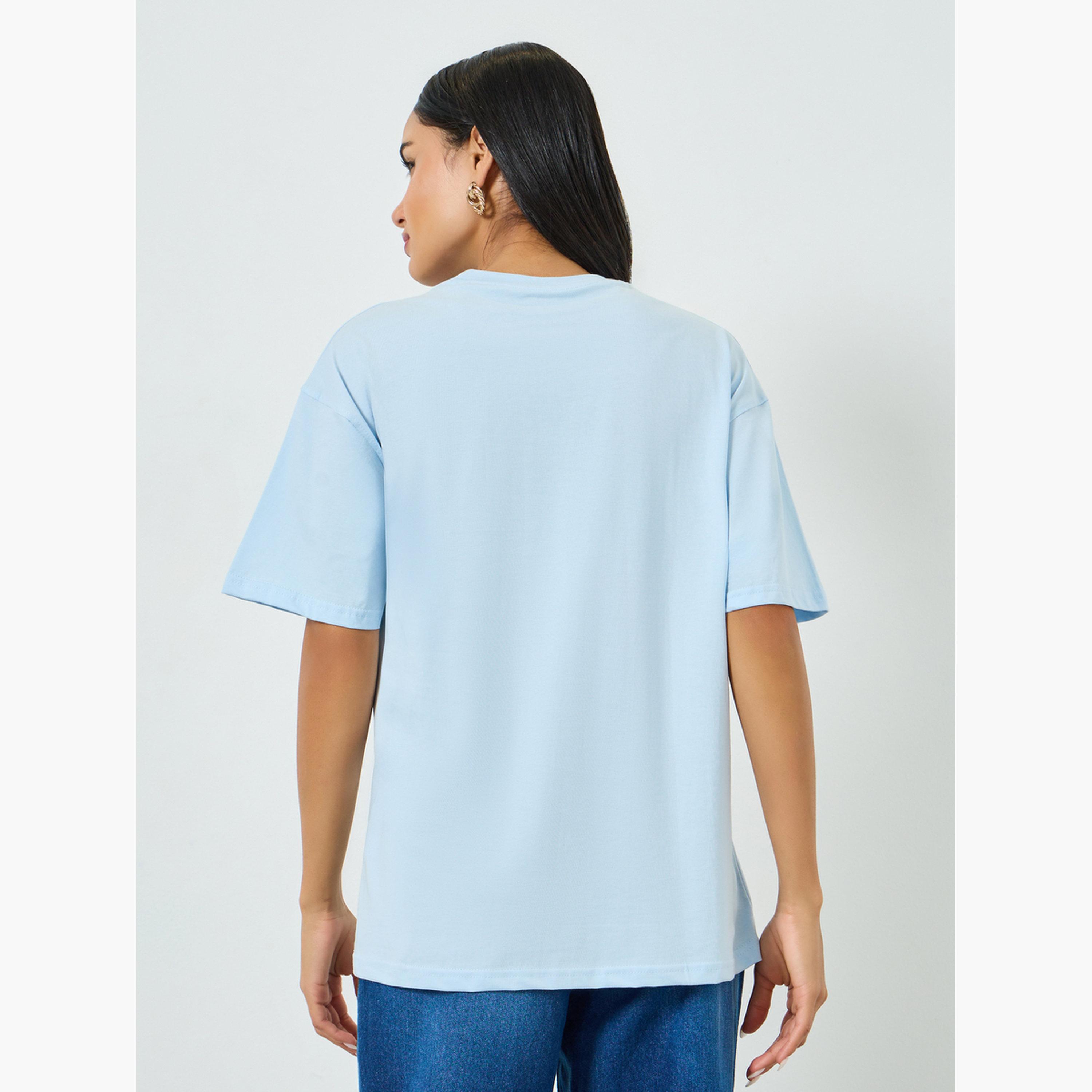 Styli Blue Oversized Rubber Print Cotton T-Shirt-women-clothing-tshirts-image-5