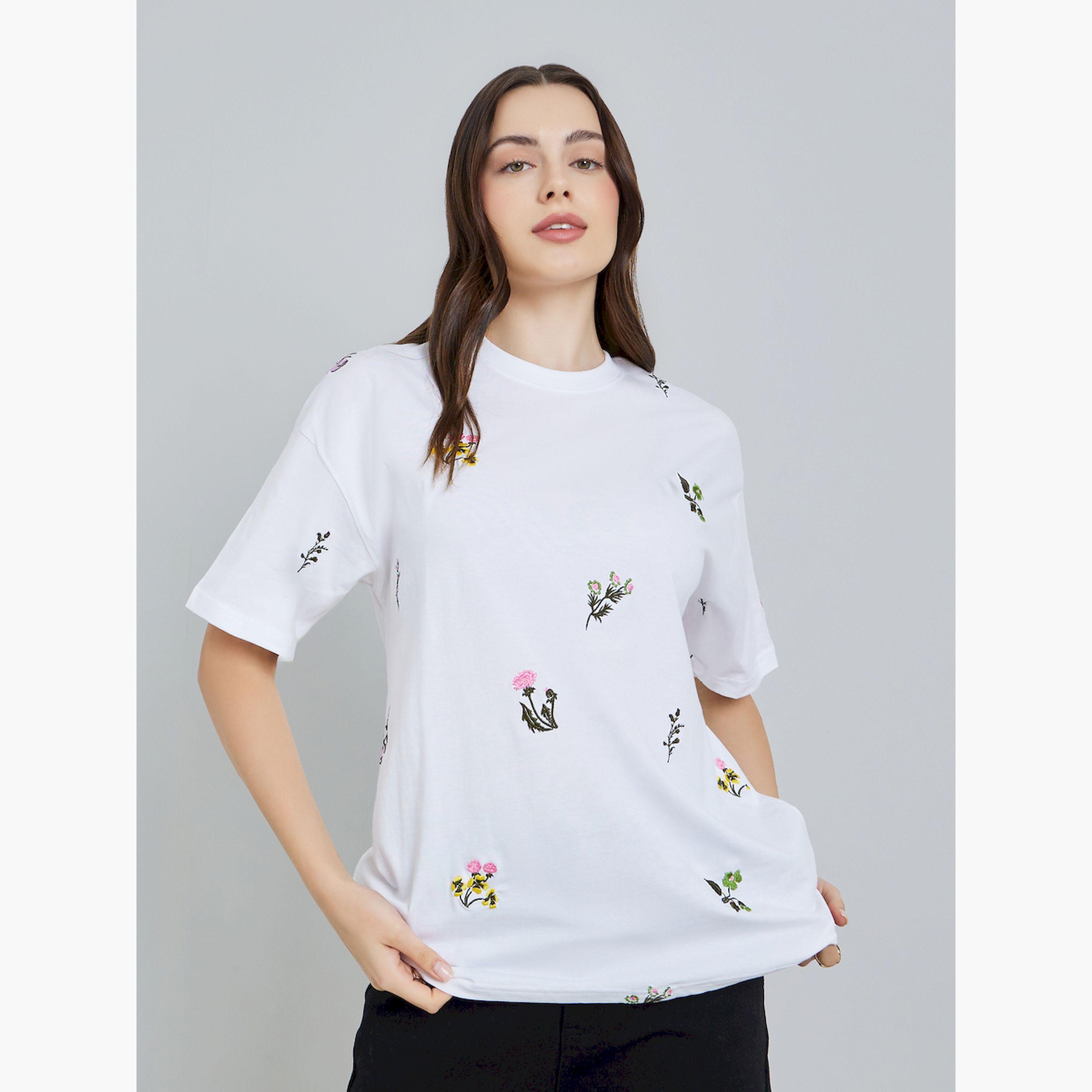 Styli Women White Embroidered Floral Oversized T-Shirt-women-clothing-tshirts-image-1