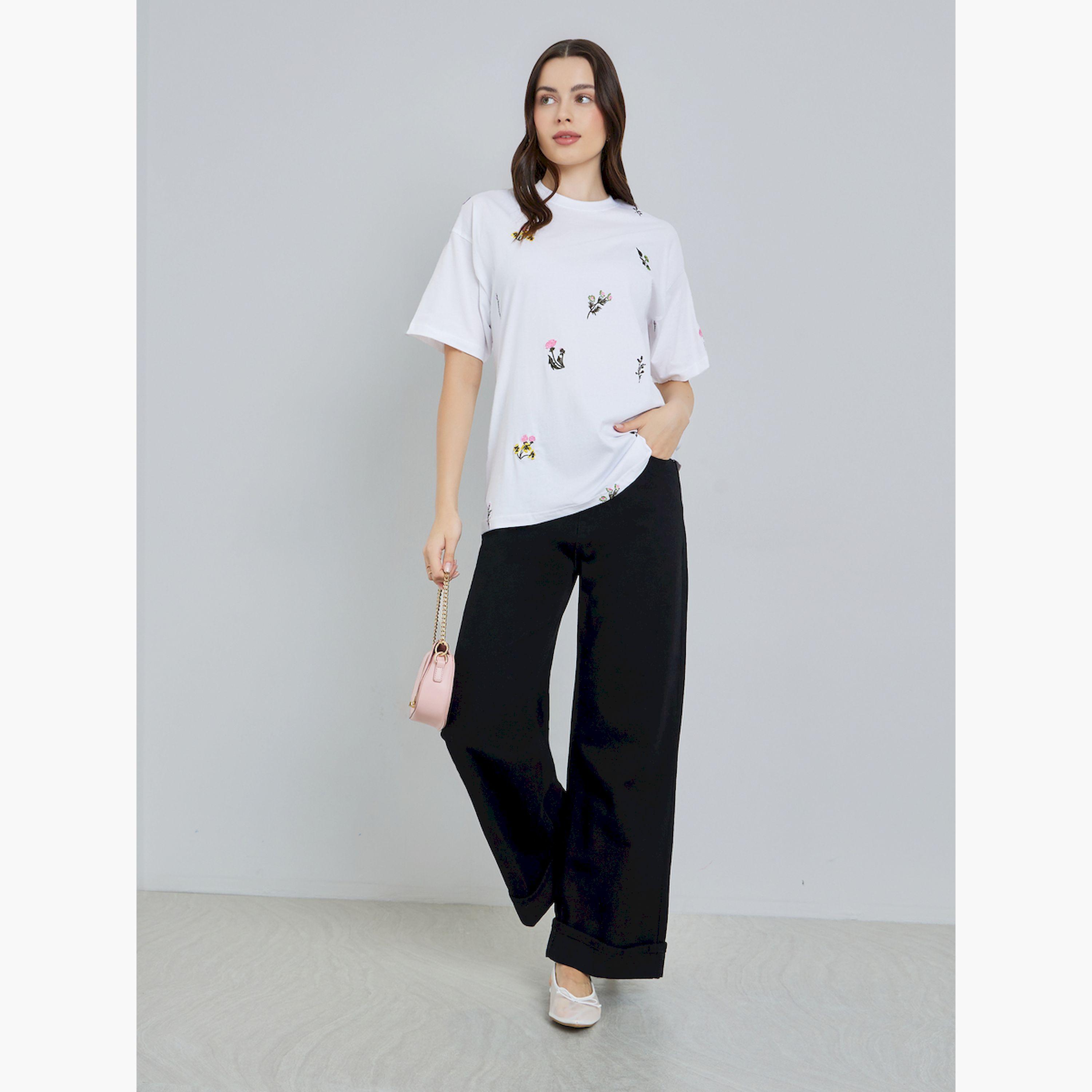 Styli Women White Embroidered Floral Oversized T-Shirt-women-clothing-tshirts-image-2