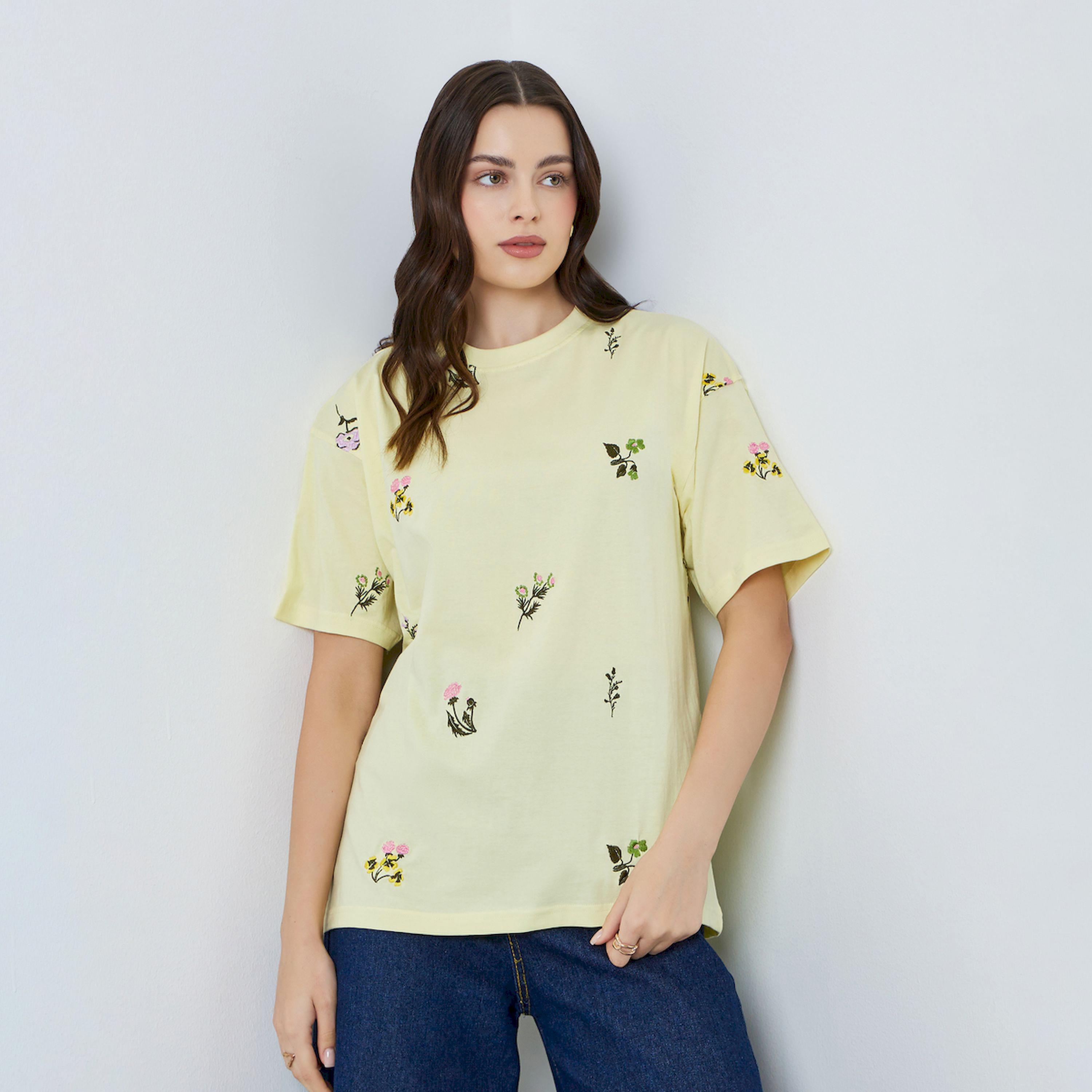 Styli Women Yellow Embroidered Floral Oversized T-Shirt-women-clothing-tshirts-image-1