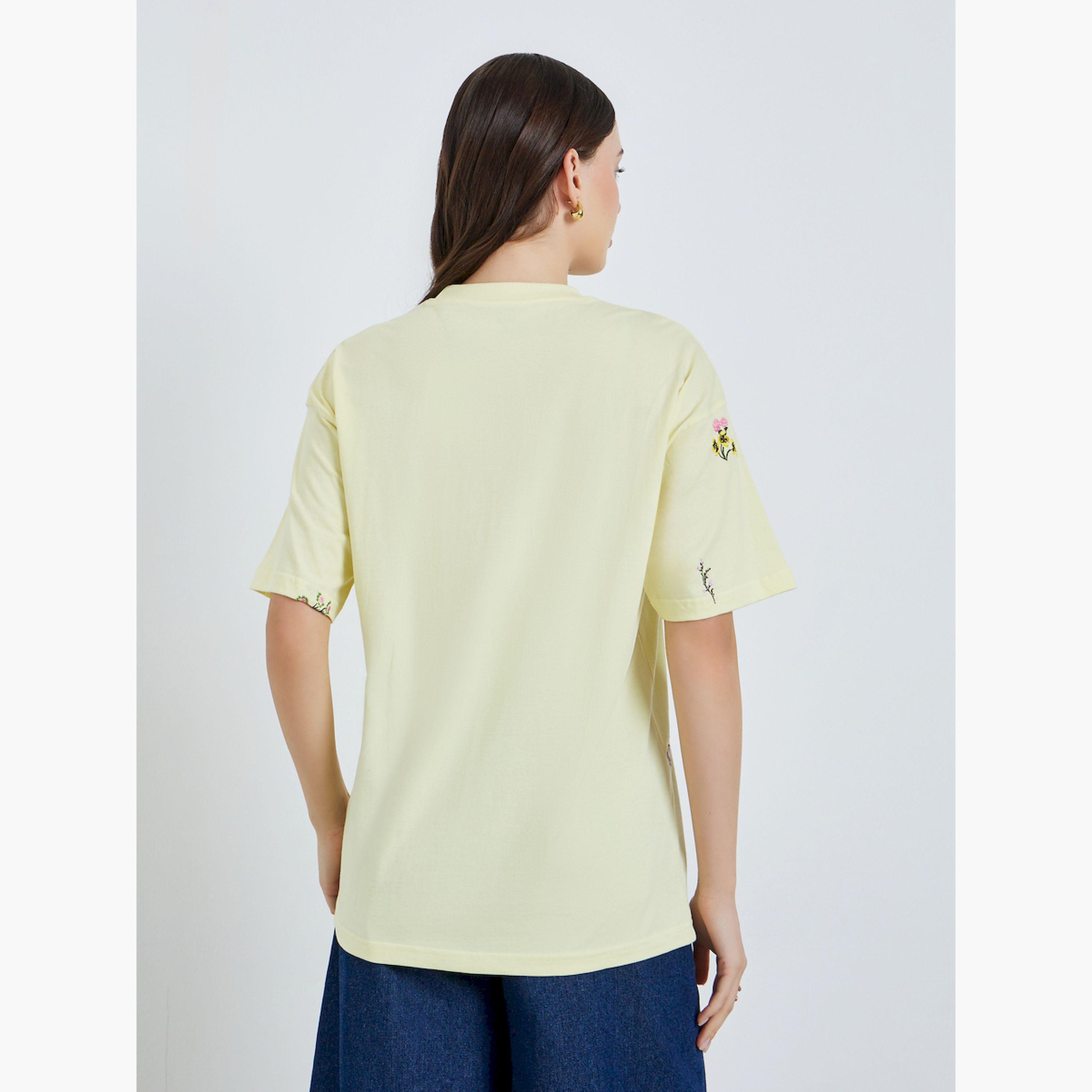 Styli Women Yellow Embroidered Floral Oversized T-Shirt-women-clothing-tshirts-image-3