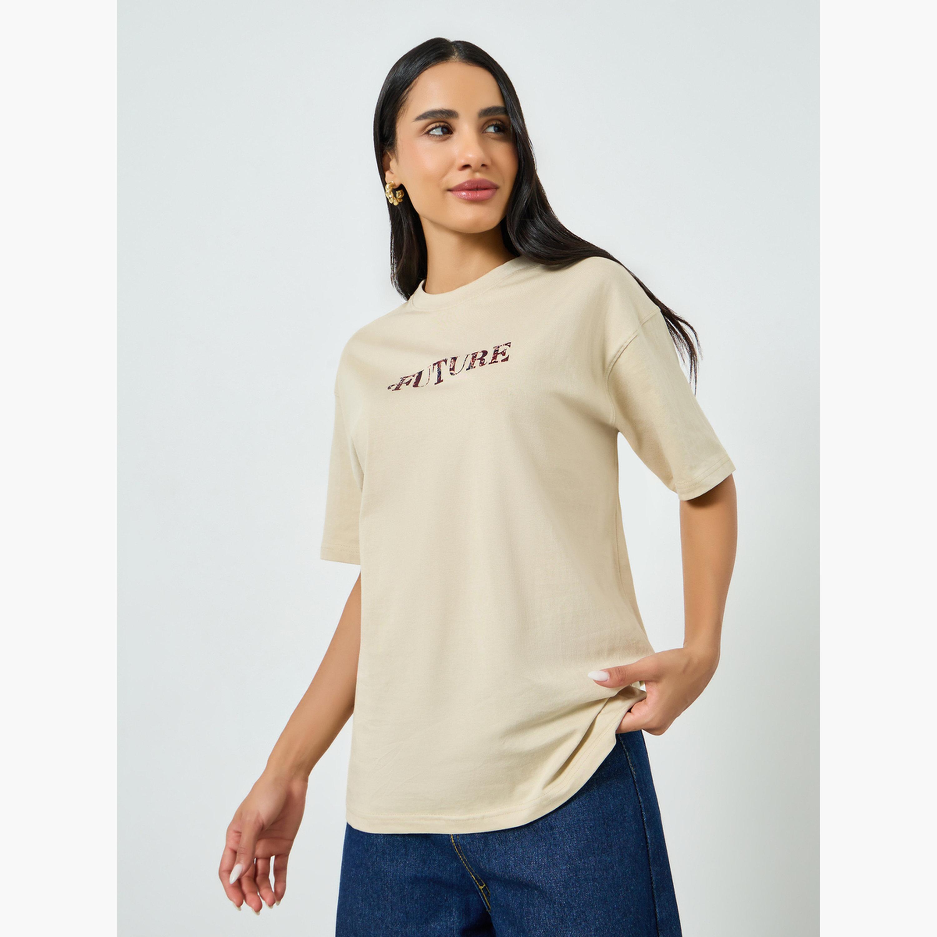 Styli Beige Oversized Graphic Print Cotton T-Shirt-women-clothing-tshirts-image-1