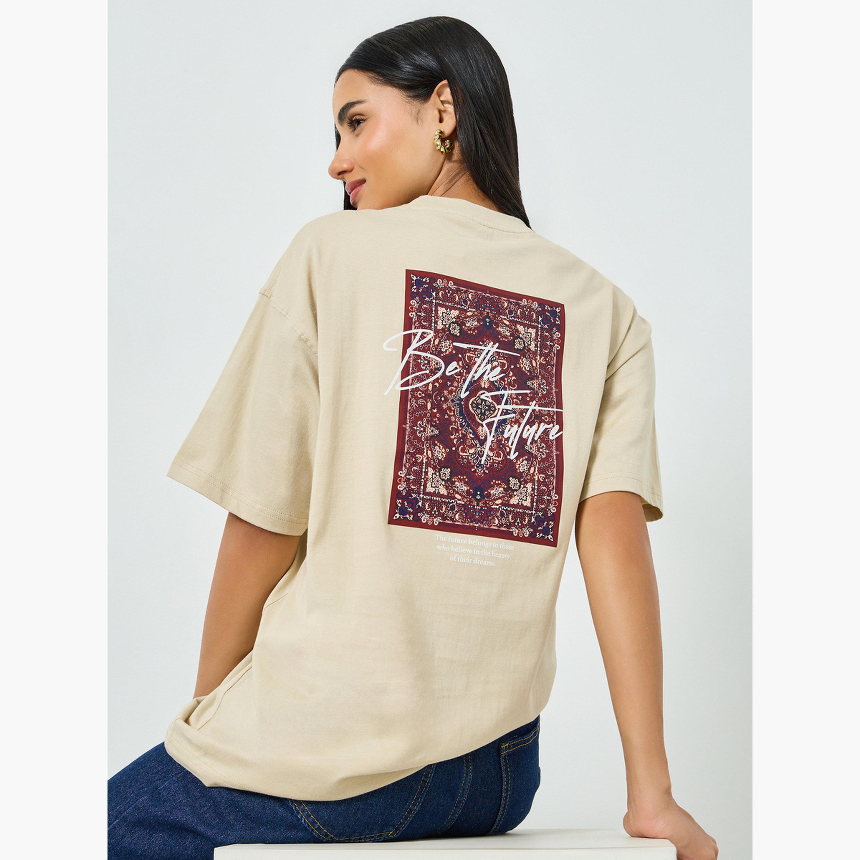 Styli Beige Oversized Graphic Print Cotton T-Shirt-women-clothing-tshirts-image-4