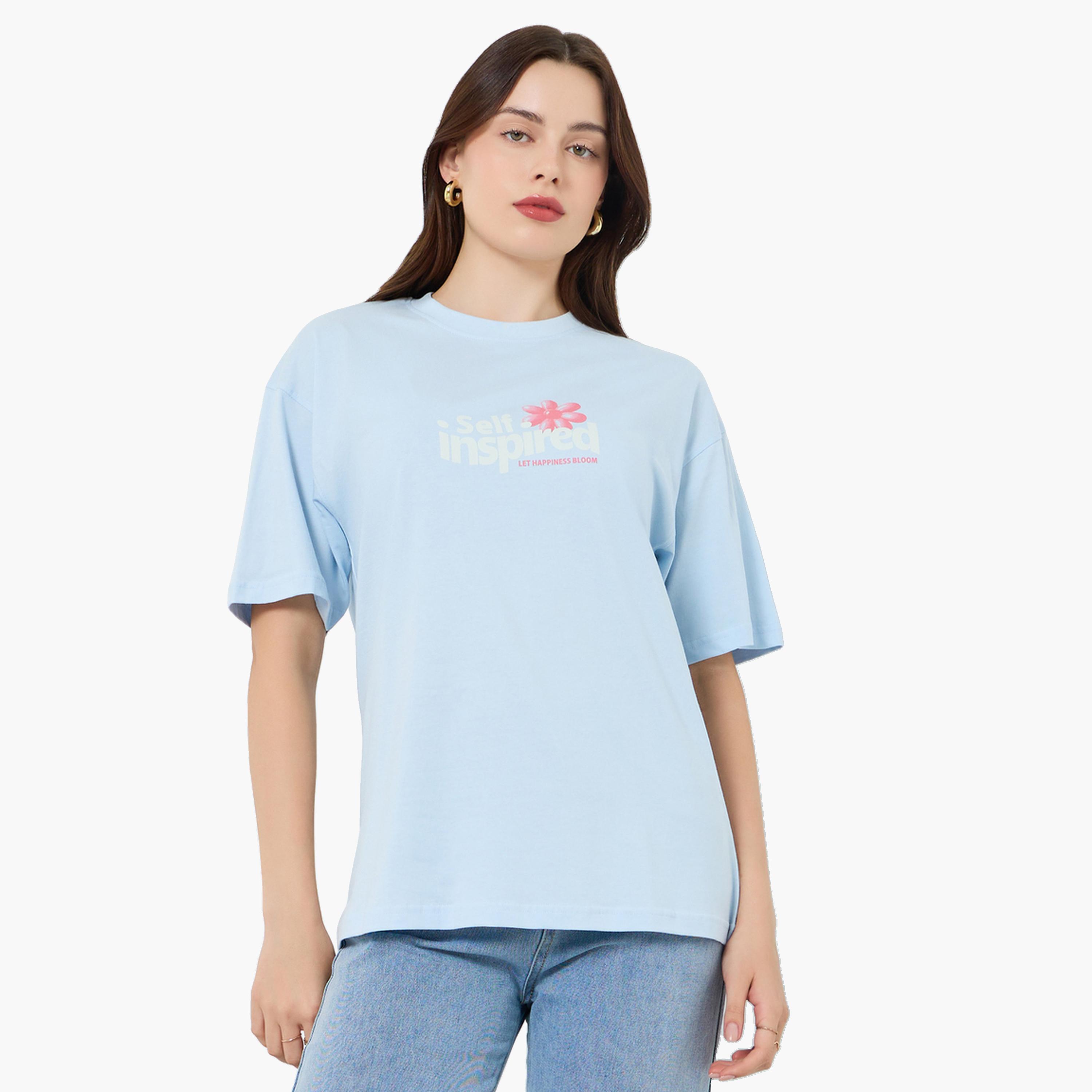 Styli Women Blue Oversized Graphic Print T-Shirt-women-clothing-tshirts-image-1