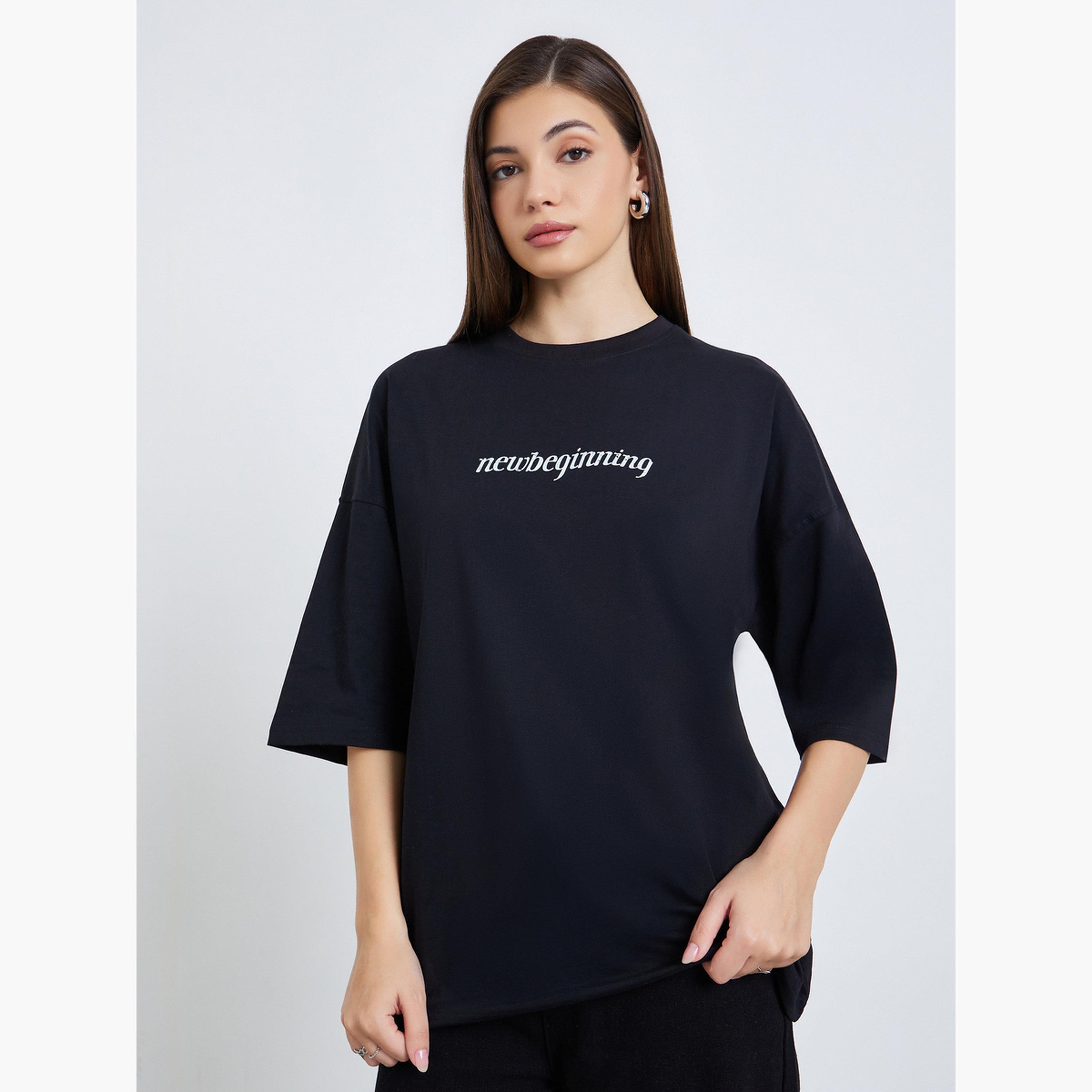 Styli Women Black Oversized Slogan T-Shirt-women-clothing-tshirts-image-1