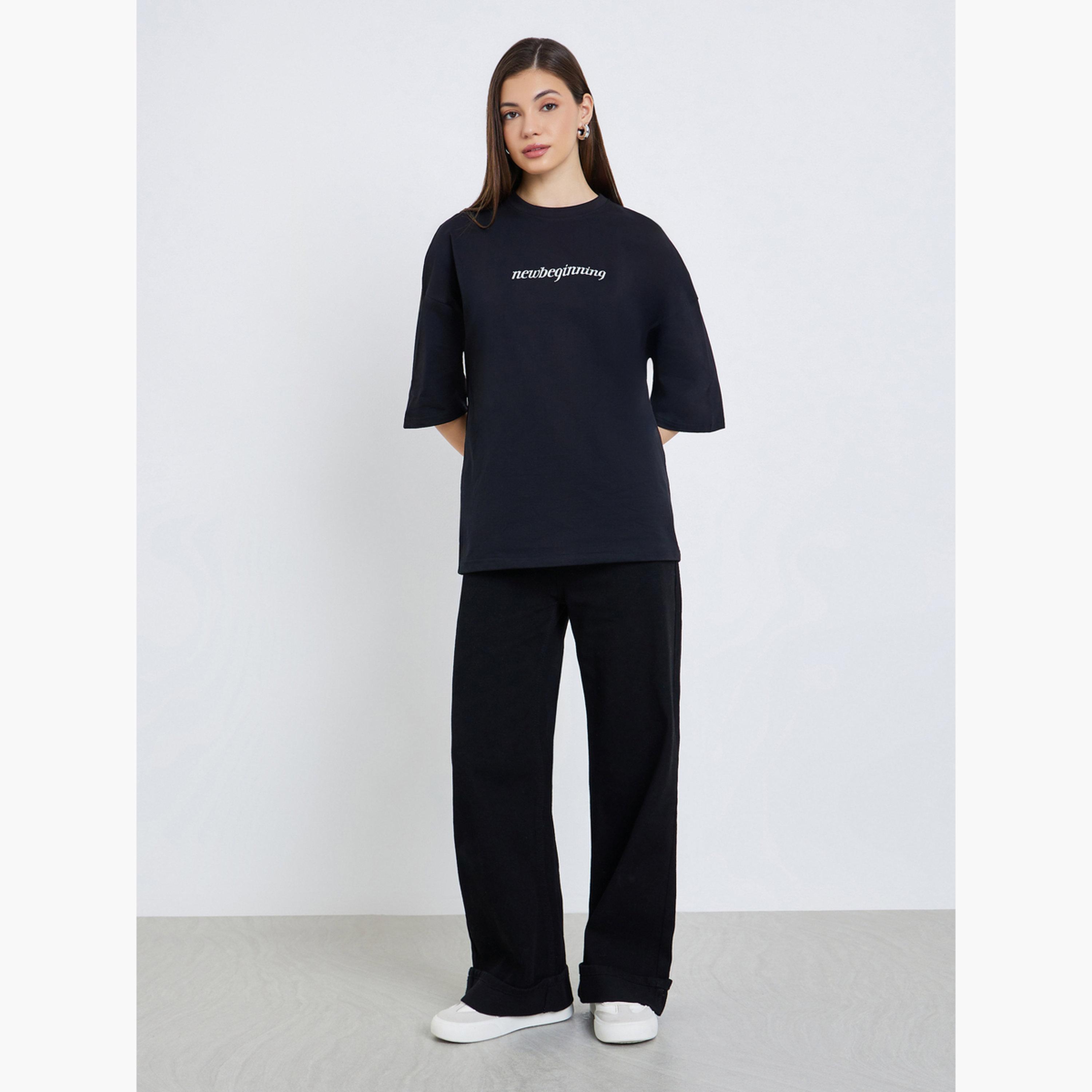 Styli Women Black Oversized Slogan T-Shirt-women-clothing-tshirts-image-2