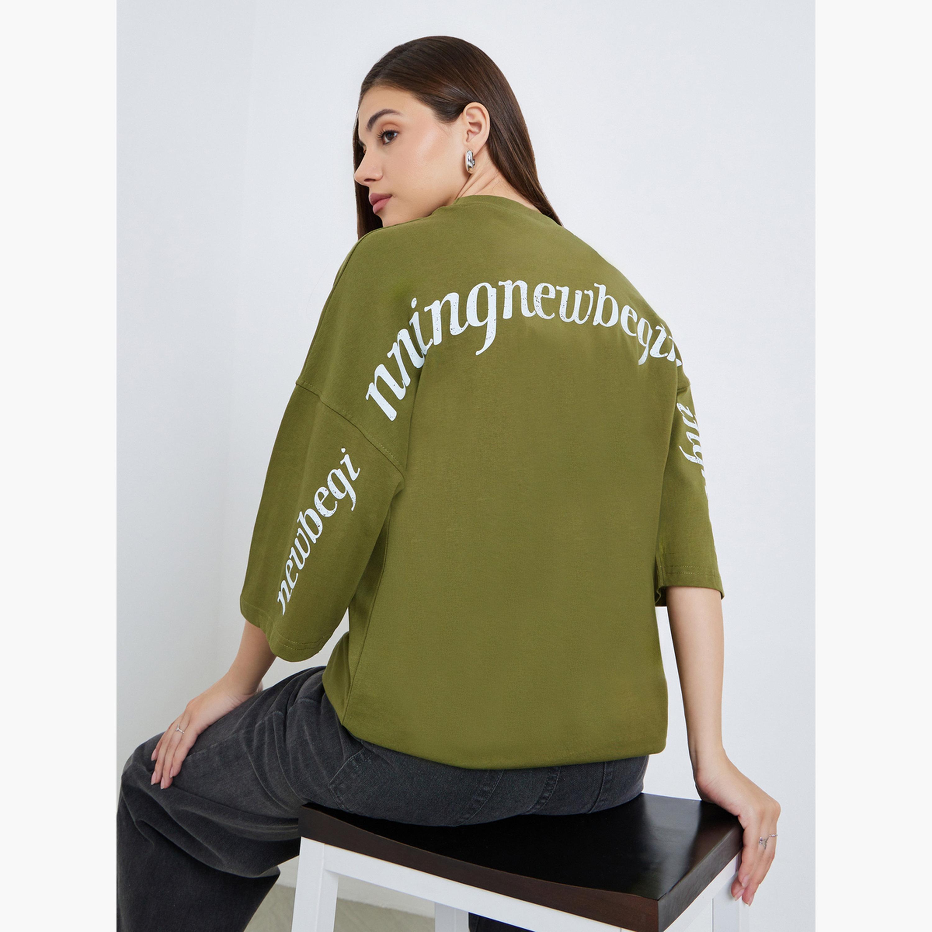 Styli Women Olive Slogan Print Oversized T-Shirt-women-clothing-tshirts-image-3