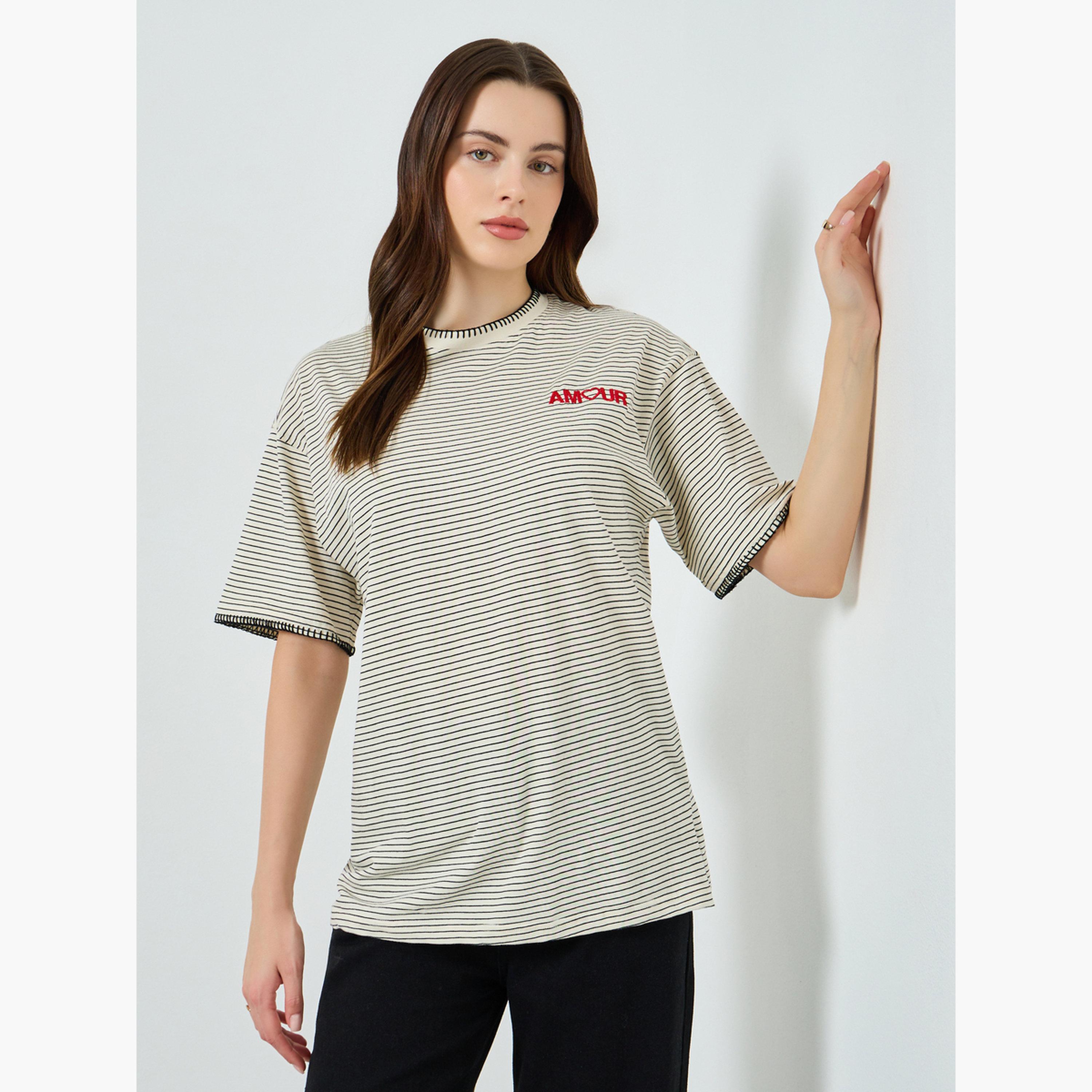 Styli Women Beige Striped Embroidered T-Shirt-women-clothing-tshirts-image-1