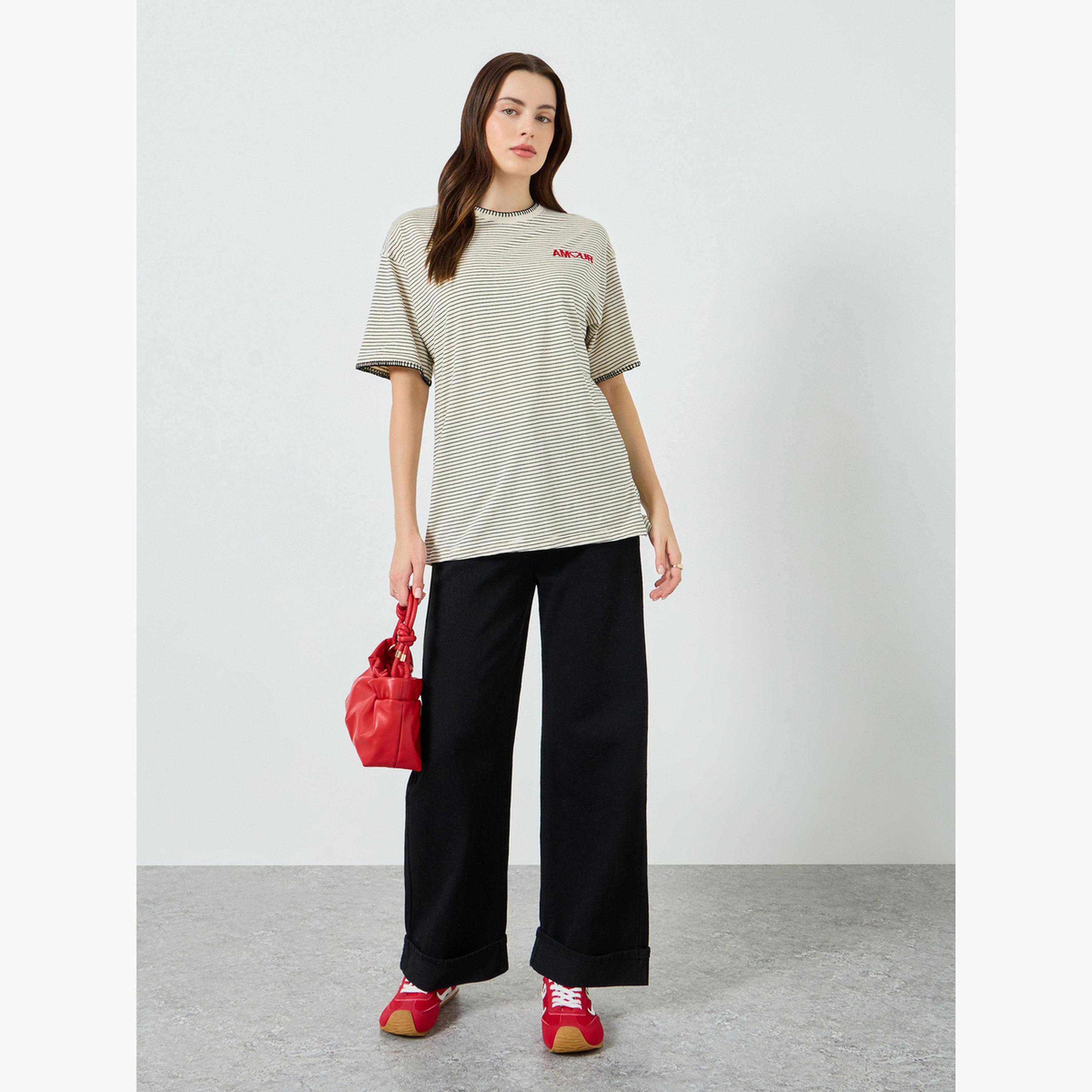 Styli Women Beige Striped Embroidered T-Shirt-women-clothing-tshirts-image-2