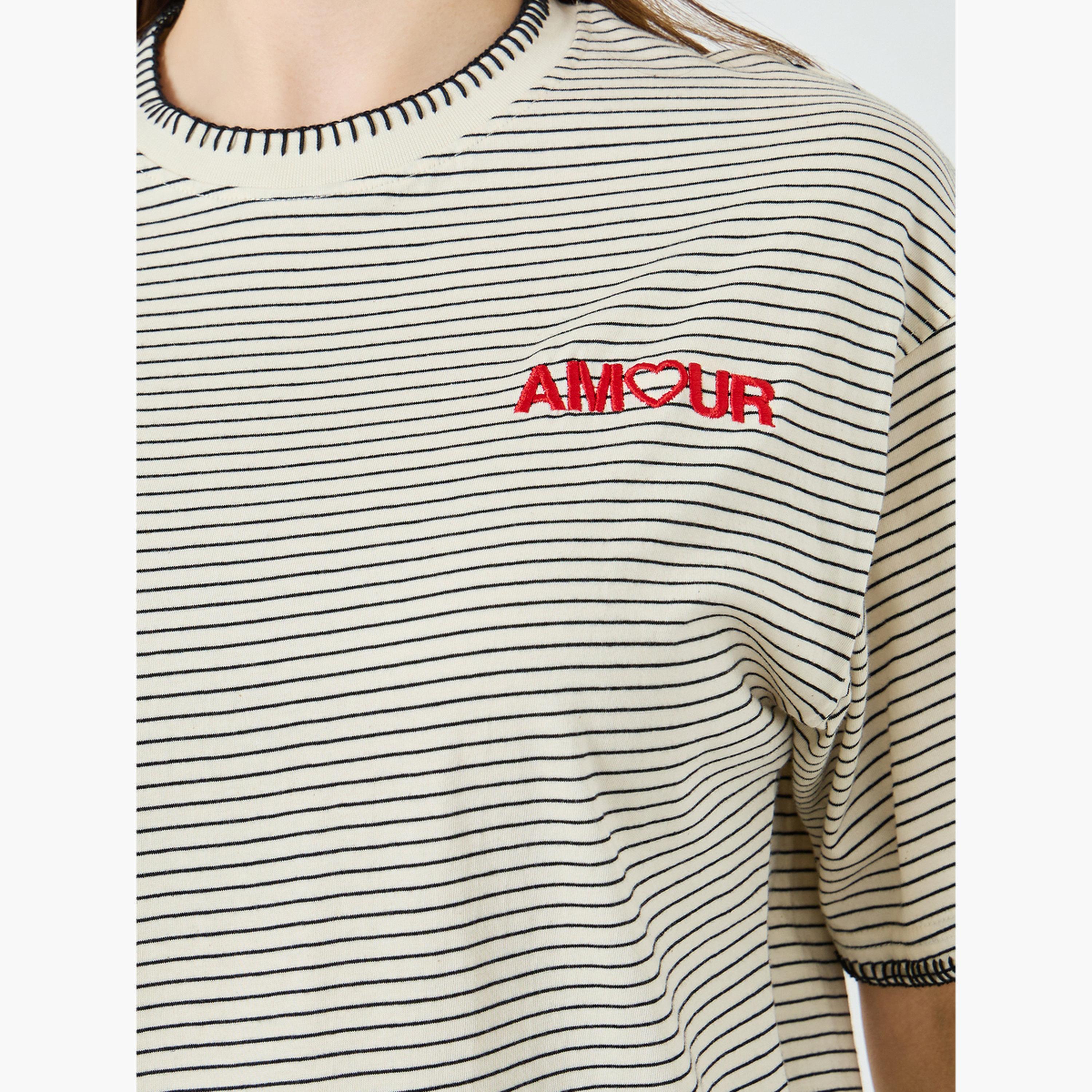 Styli Women Beige Striped Embroidered T-Shirt-women-clothing-tshirts-image-3