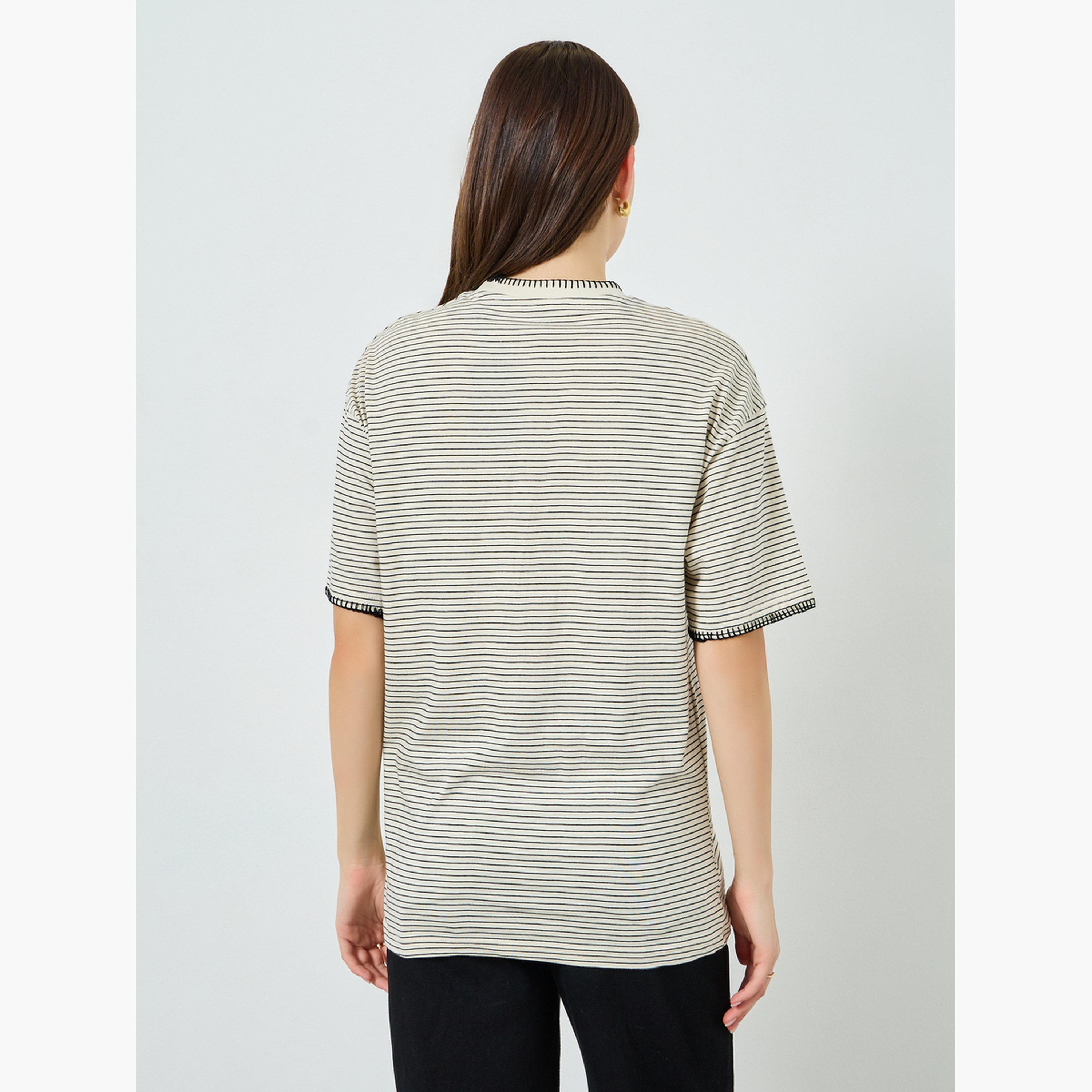 Styli Women Beige Striped Embroidered T-Shirt-women-clothing-tshirts-image-4