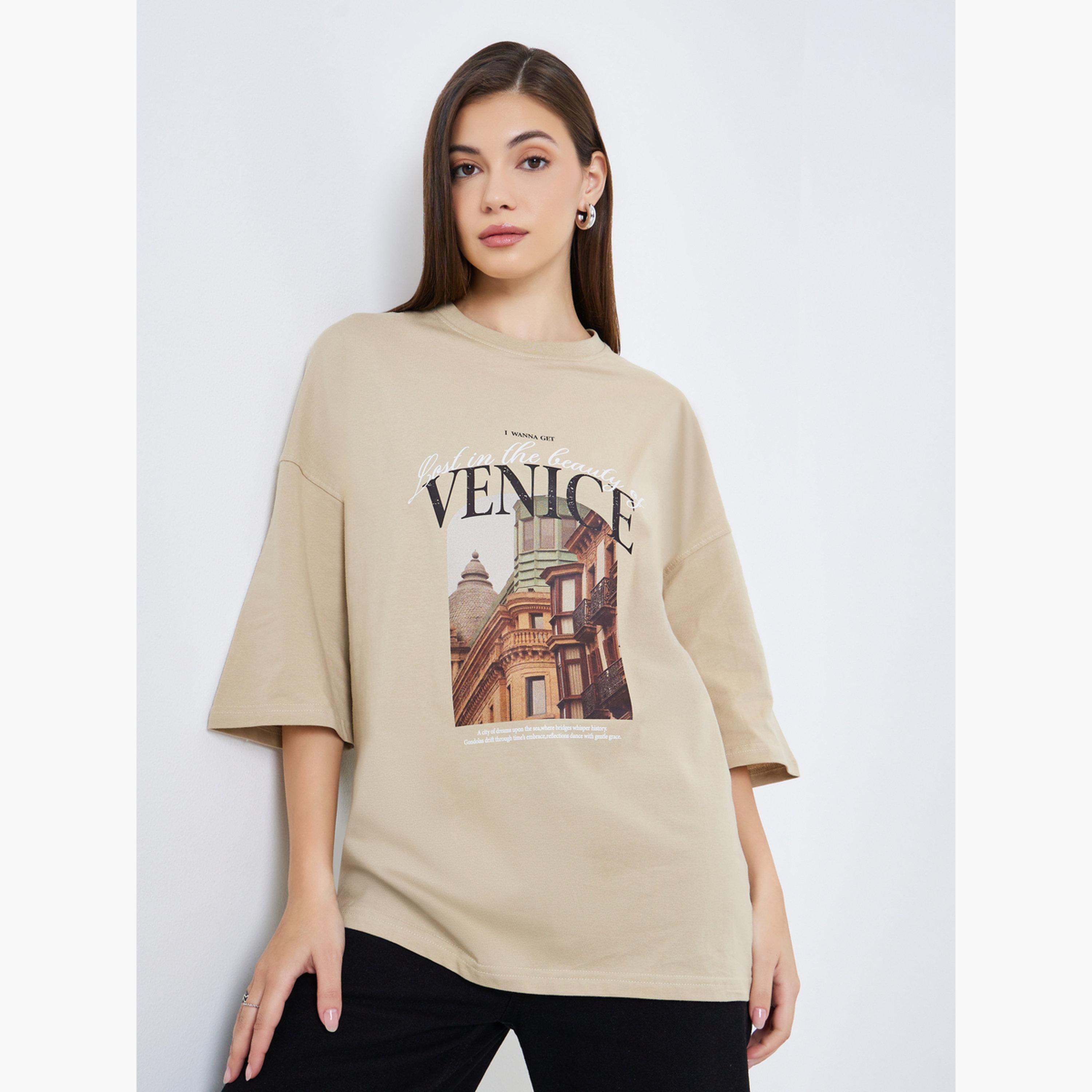 Styli Women Khaki Graphic Oversized T-Shirt-women-clothing-tshirts-image-1