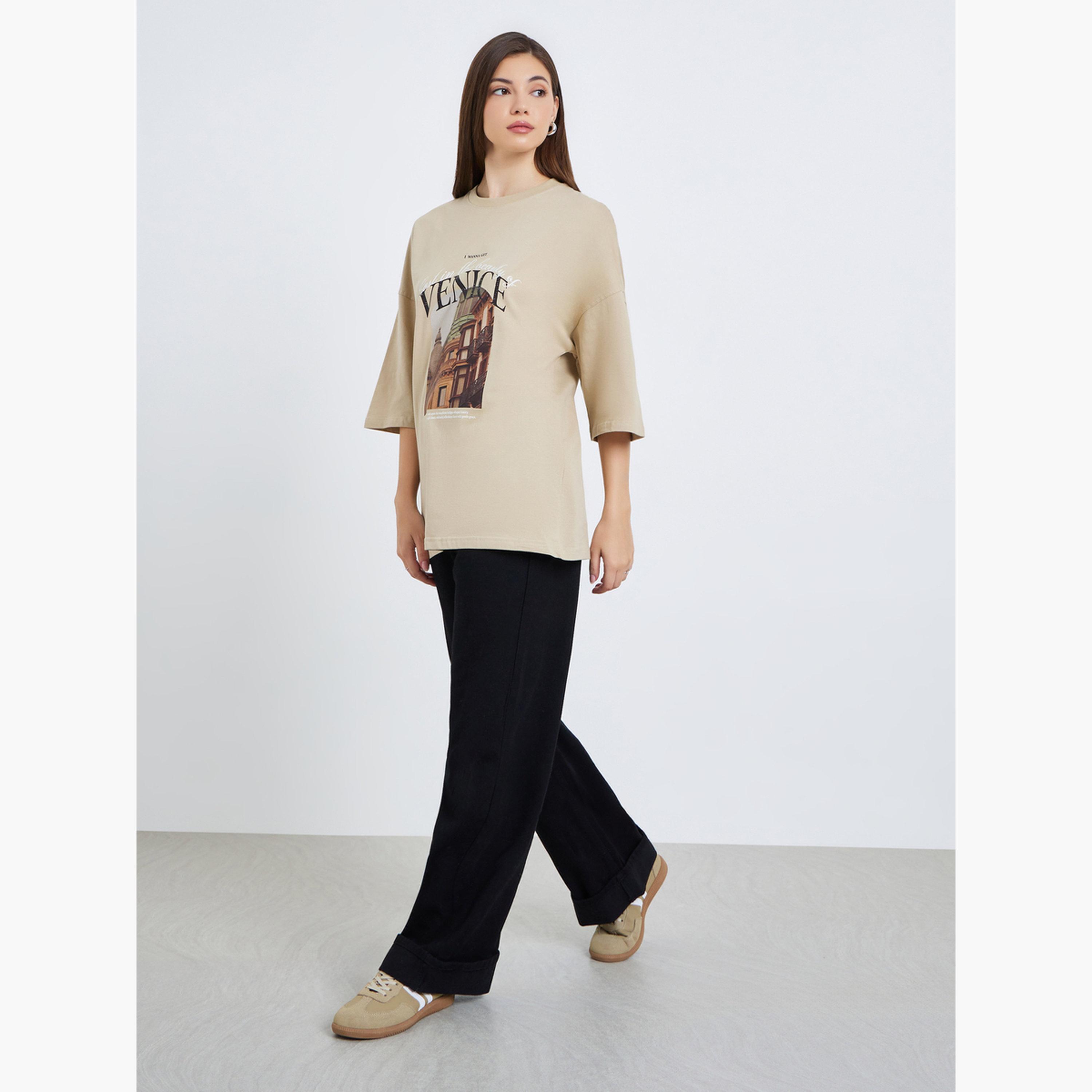 Styli Women Khaki Graphic Oversized T-Shirt-women-clothing-tshirts-image-2