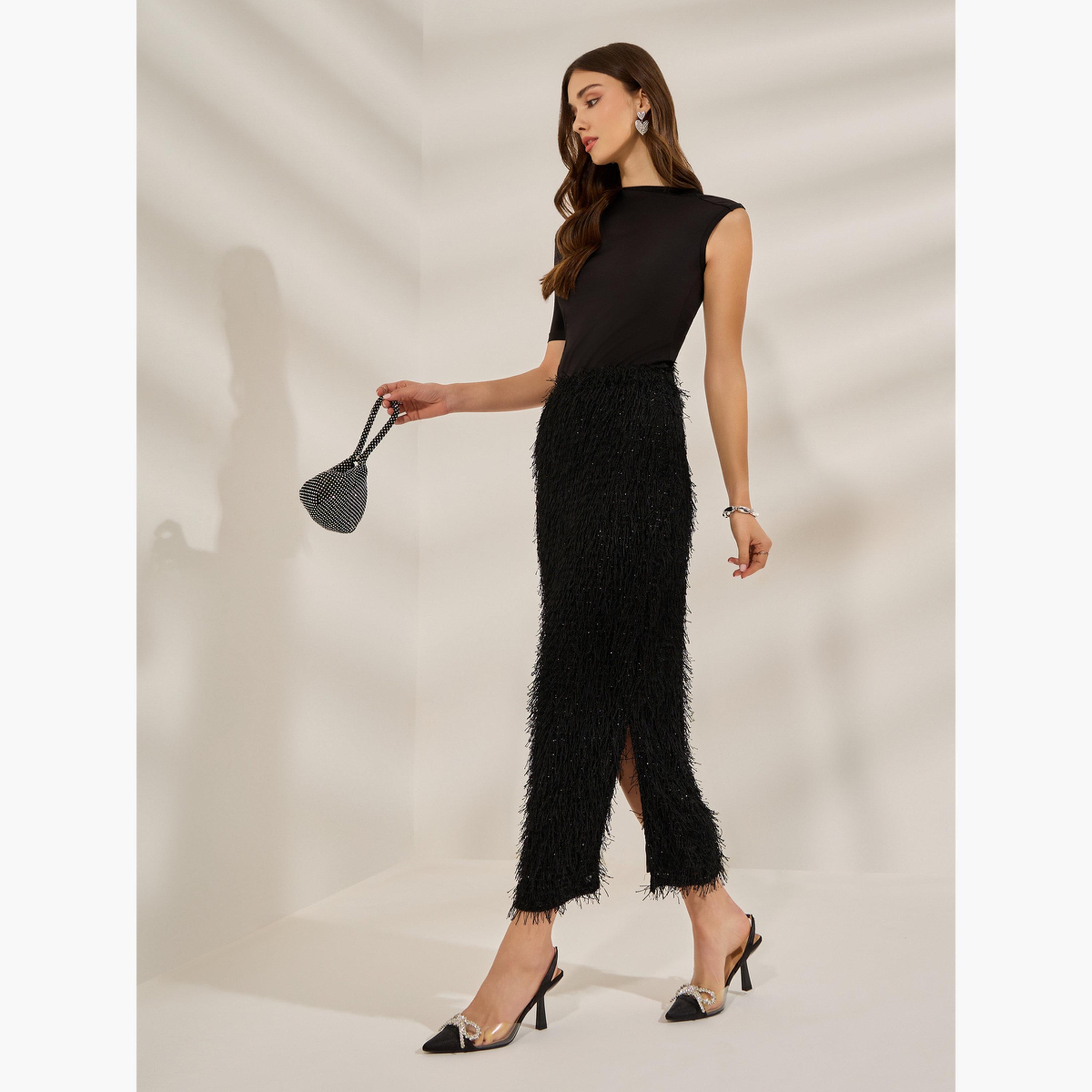 Styli Black Fringe Maxi Skirt with Side Slit-women-clothing-bottoms-skirts-image-2