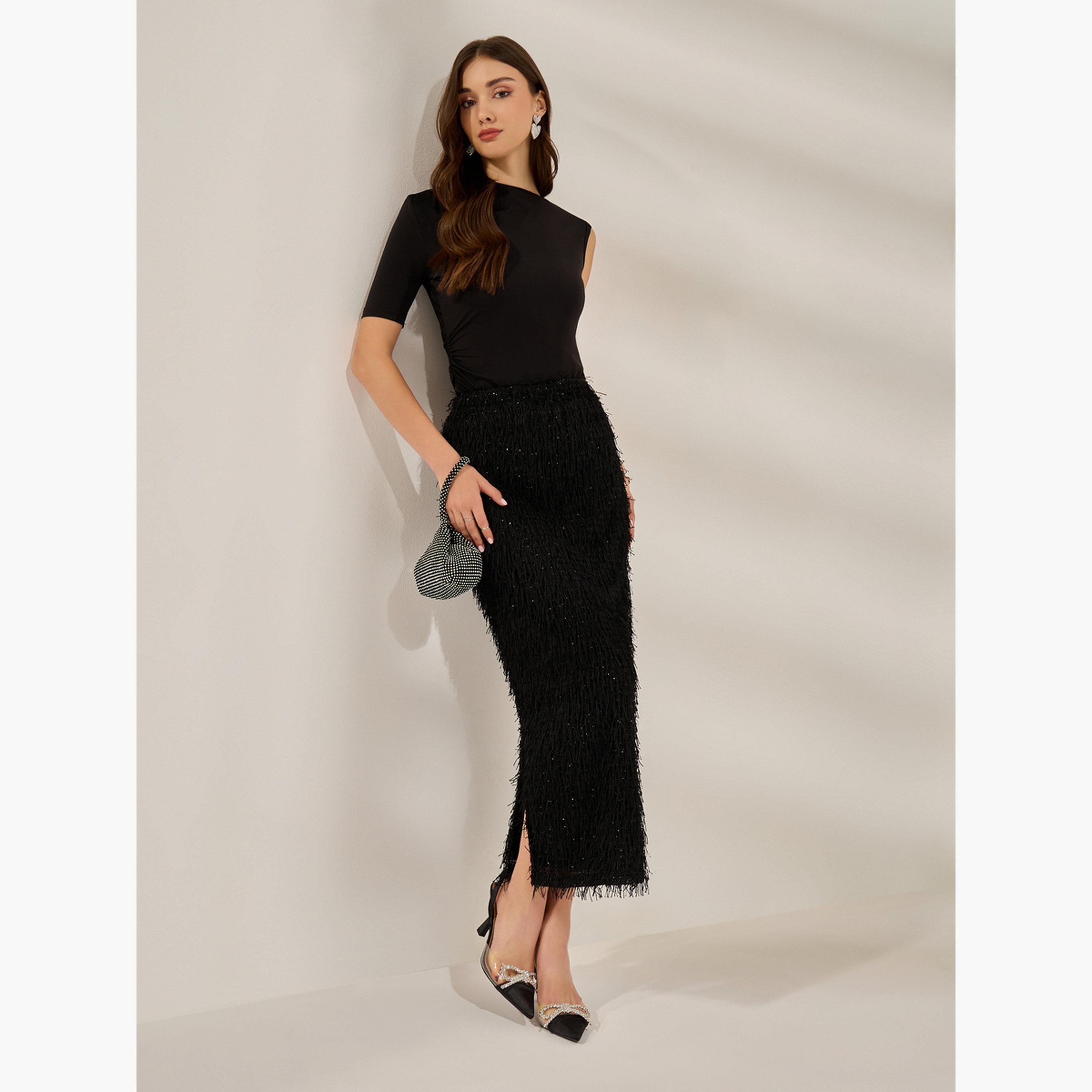 Styli Black Fringe Maxi Skirt with Side Slit-women-clothing-bottoms-skirts-image-3