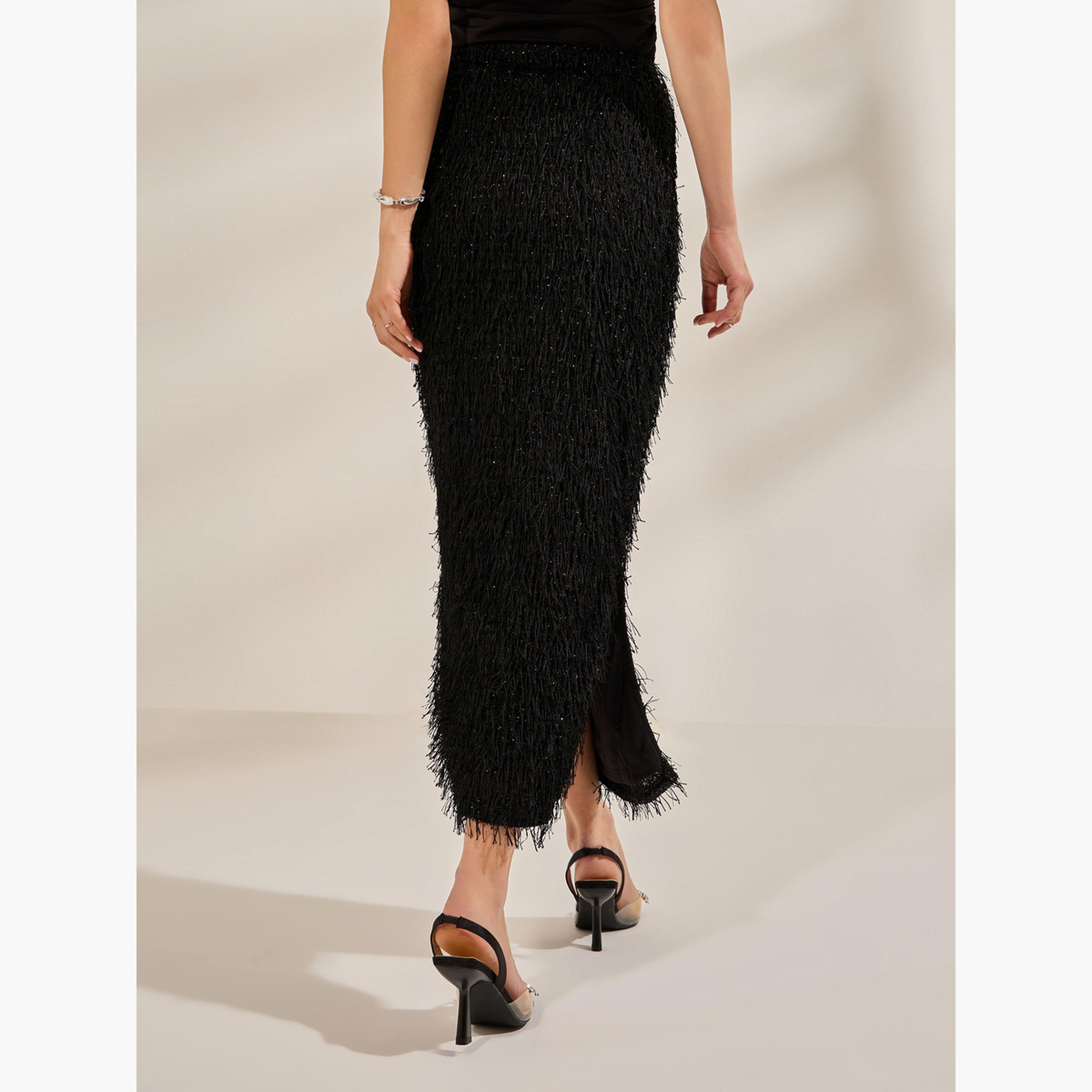 Styli Black Fringe Maxi Skirt with Side Slit-women-clothing-bottoms-skirts-image-5