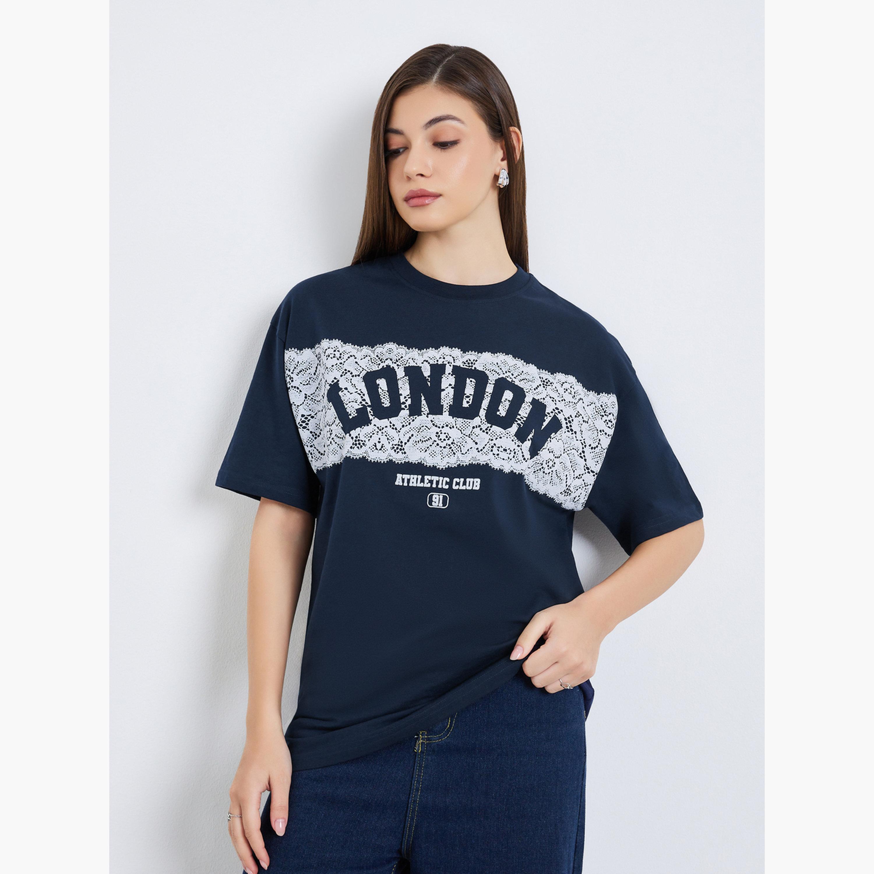 Styli Women Navy Blue London Slogan Oversized T-Shirt-women-clothing-tshirts-image-1