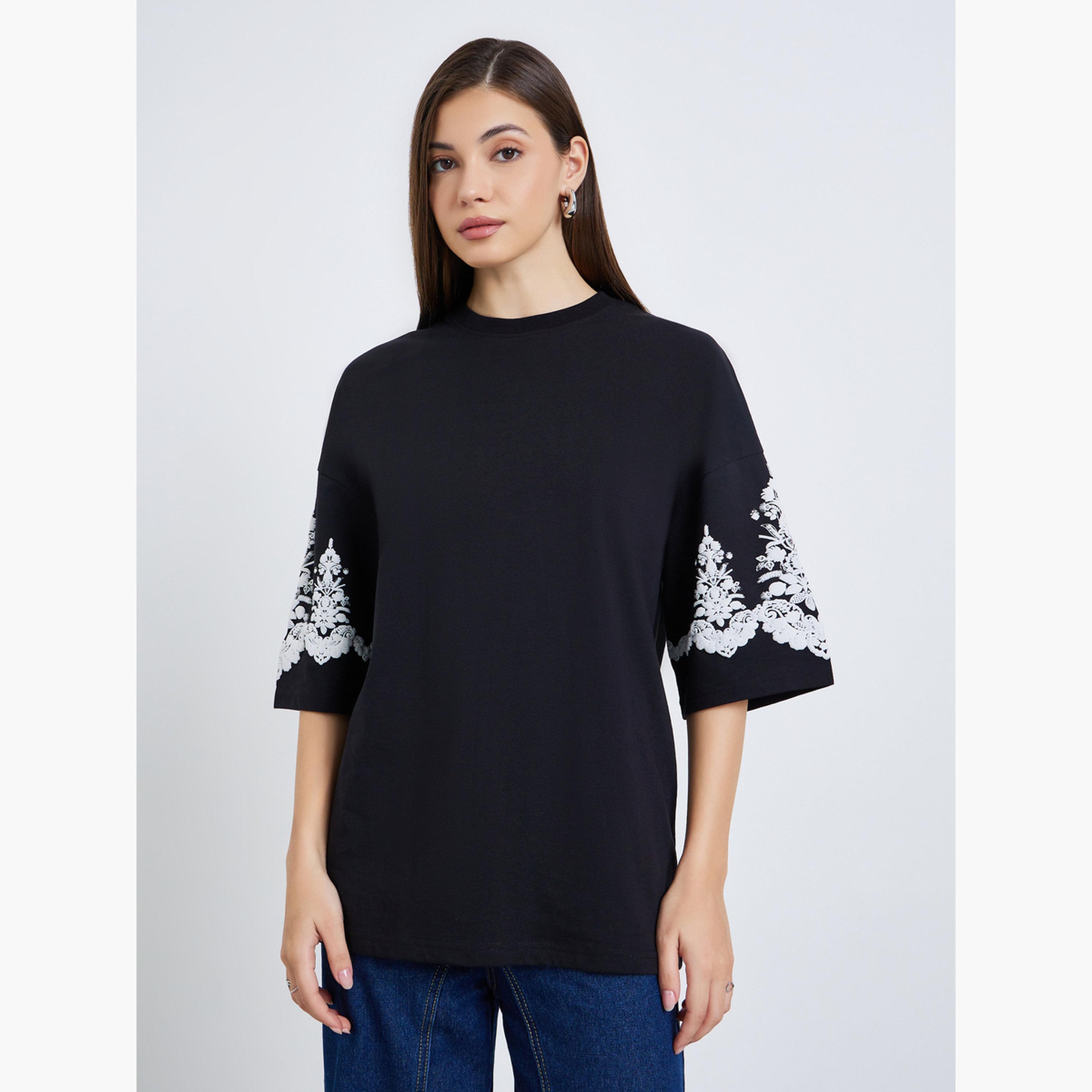 Styli Women Black Embroidered Sleeve Oversized T-Shirt-women-clothing-tshirts-image-1