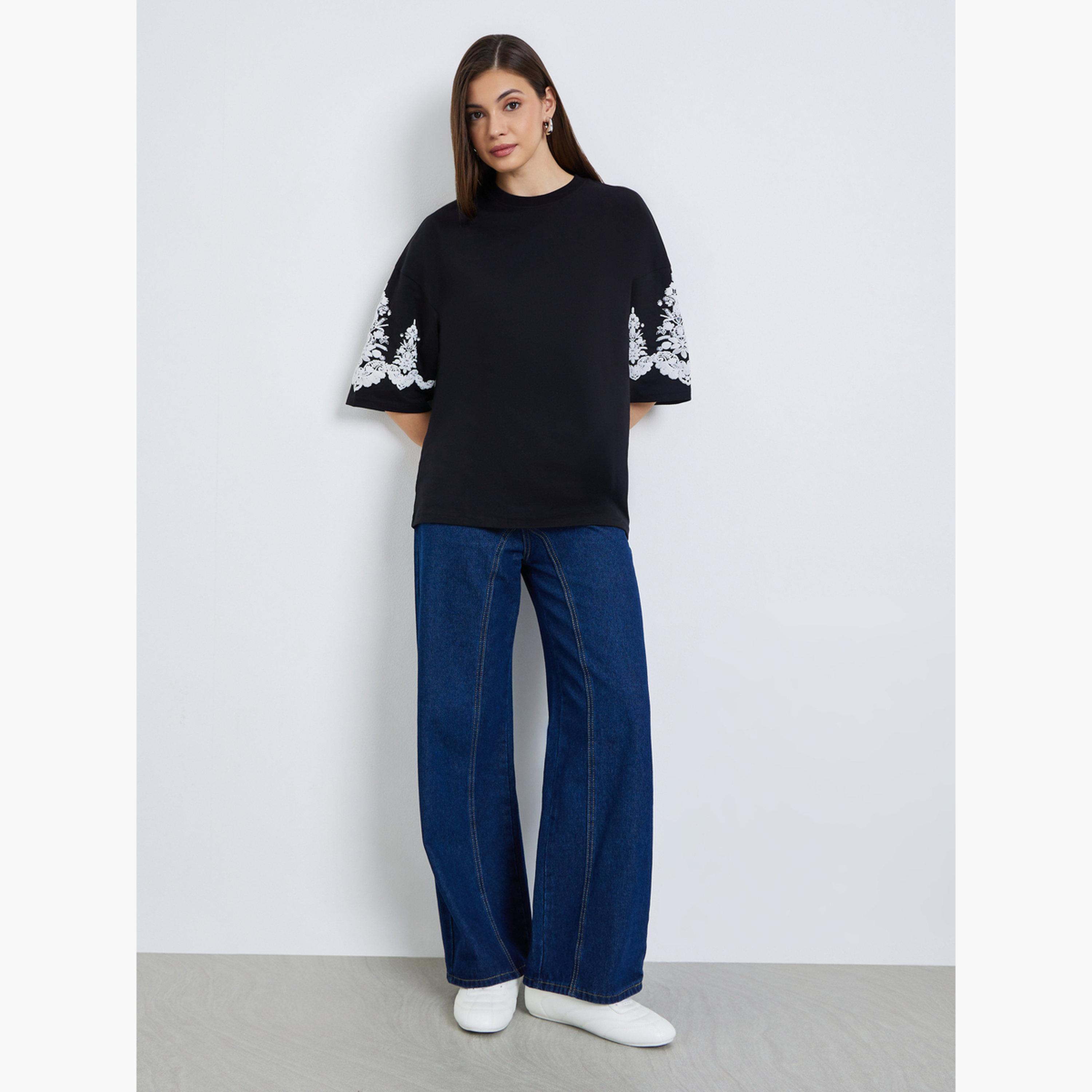 Styli Women Black Embroidered Sleeve Oversized T-Shirt-women-clothing-tshirts-image-2