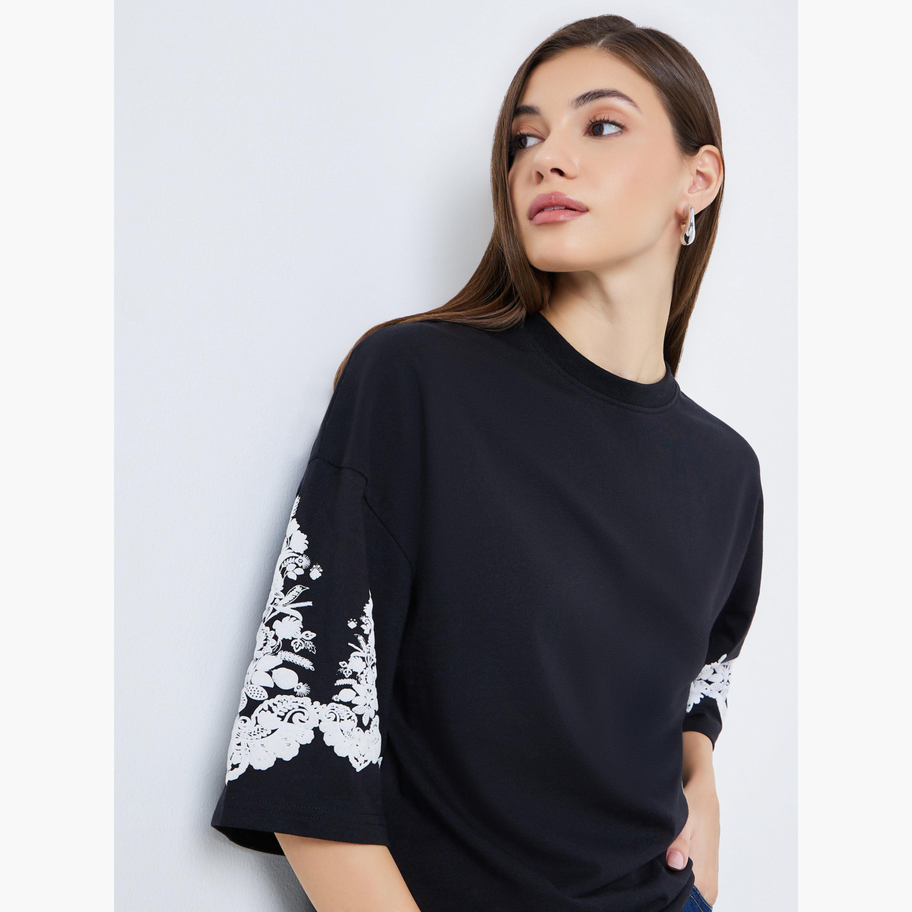 Styli Women Black Embroidered Sleeve Oversized T-Shirt-women-clothing-tshirts-image-3