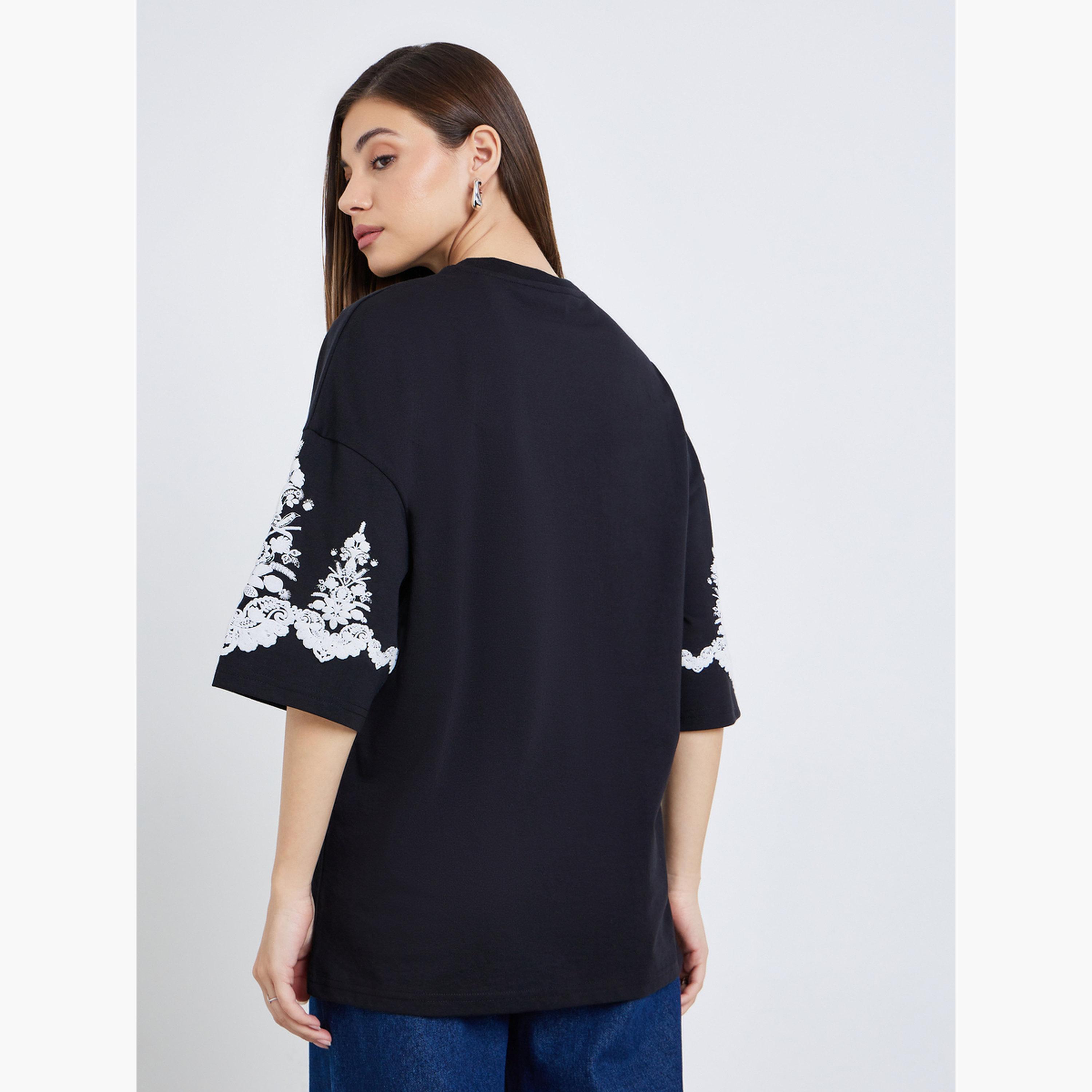 Styli Women Black Embroidered Sleeve Oversized T-Shirt-women-clothing-tshirts-image-5
