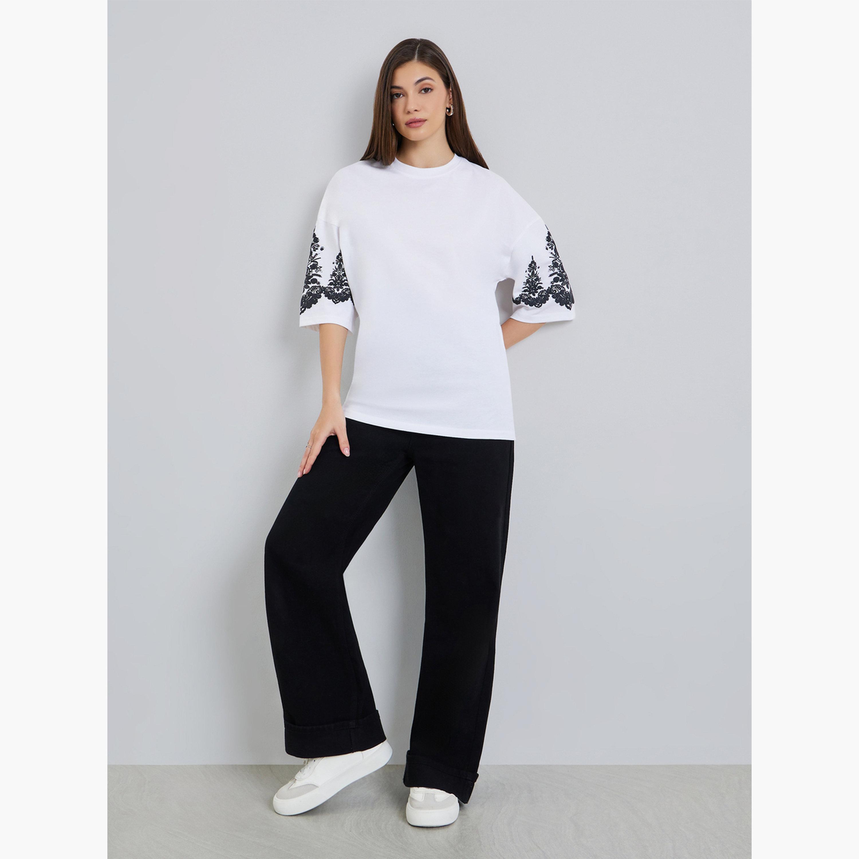 Styli Women White Embroidered Sleeve Oversized T-Shirt-women-clothing-tshirts-image-2