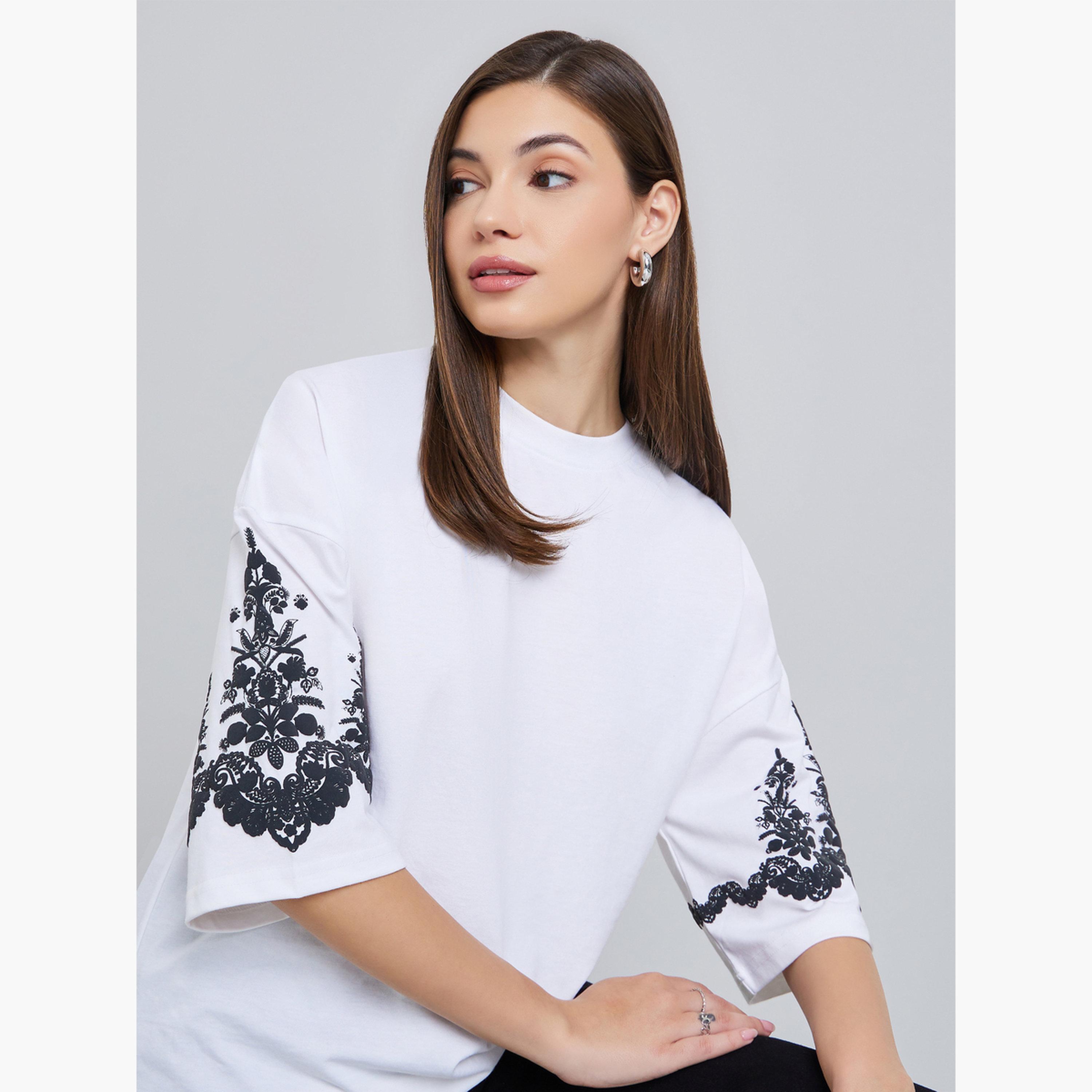 Styli Women White Embroidered Sleeve Oversized T-Shirt-women-clothing-tshirts-image-3