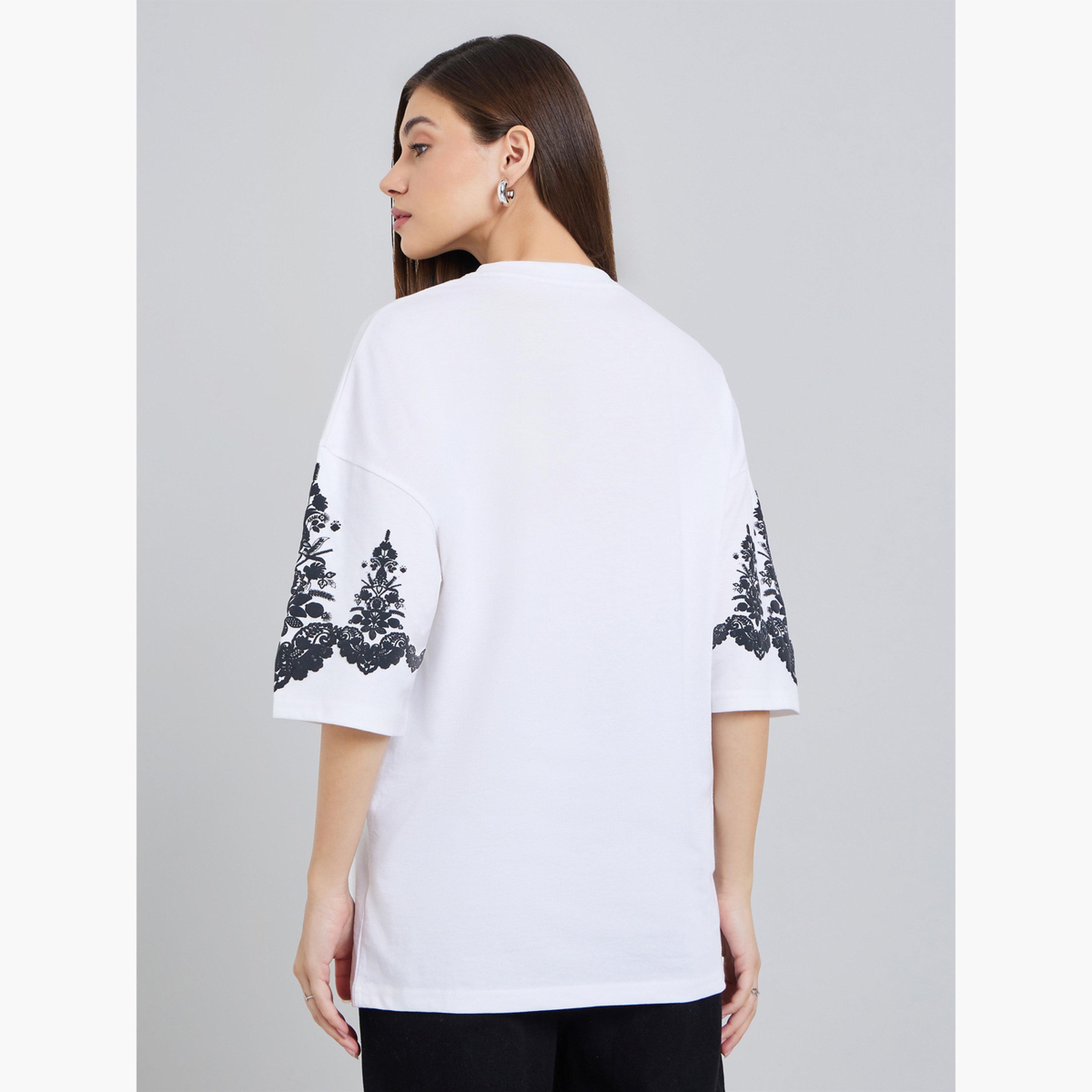 Styli Women White Embroidered Sleeve Oversized T-Shirt-women-clothing-tshirts-image-5