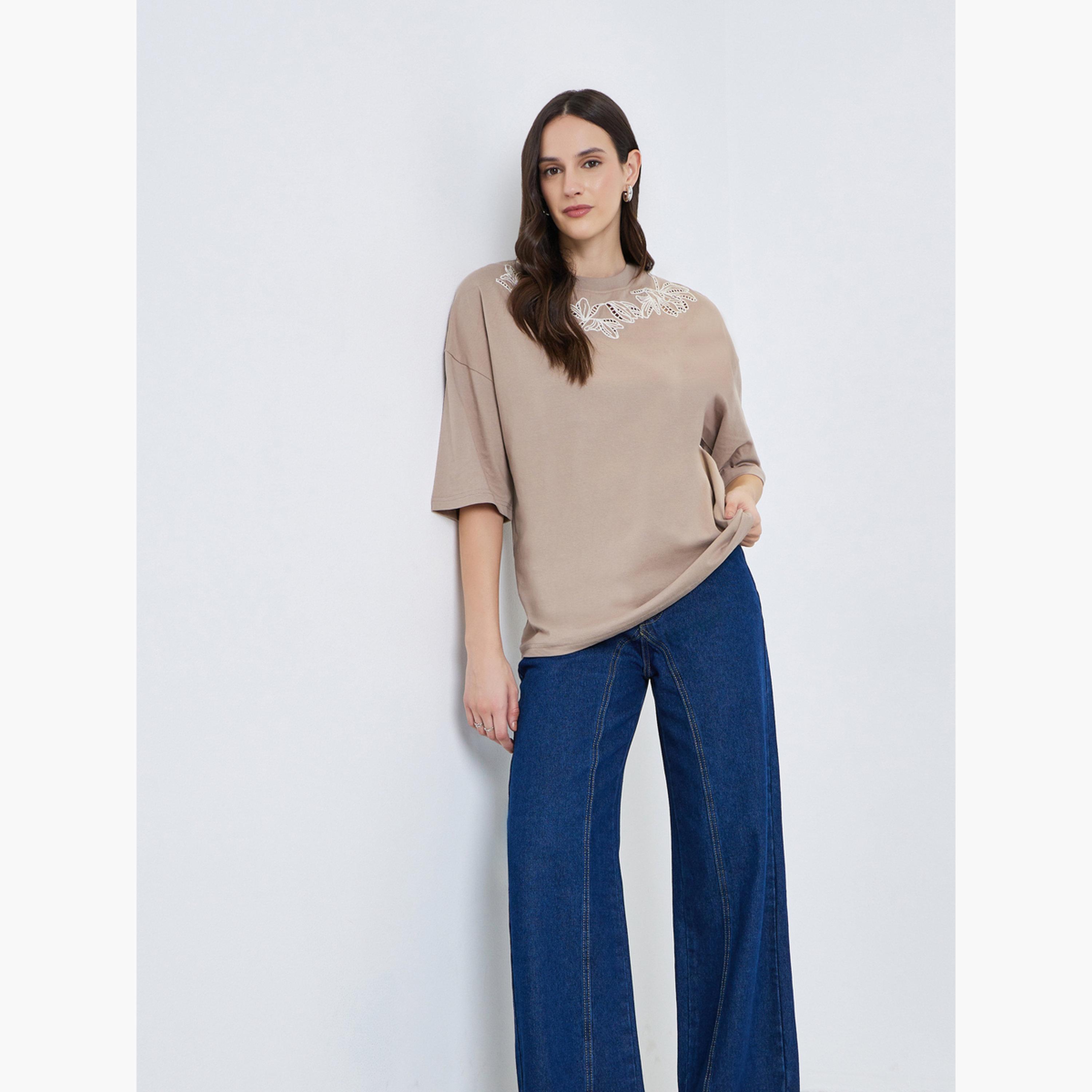 Styli Women Beige Embroidered Oversized T-Shirt-women-clothing-tshirts-image-3