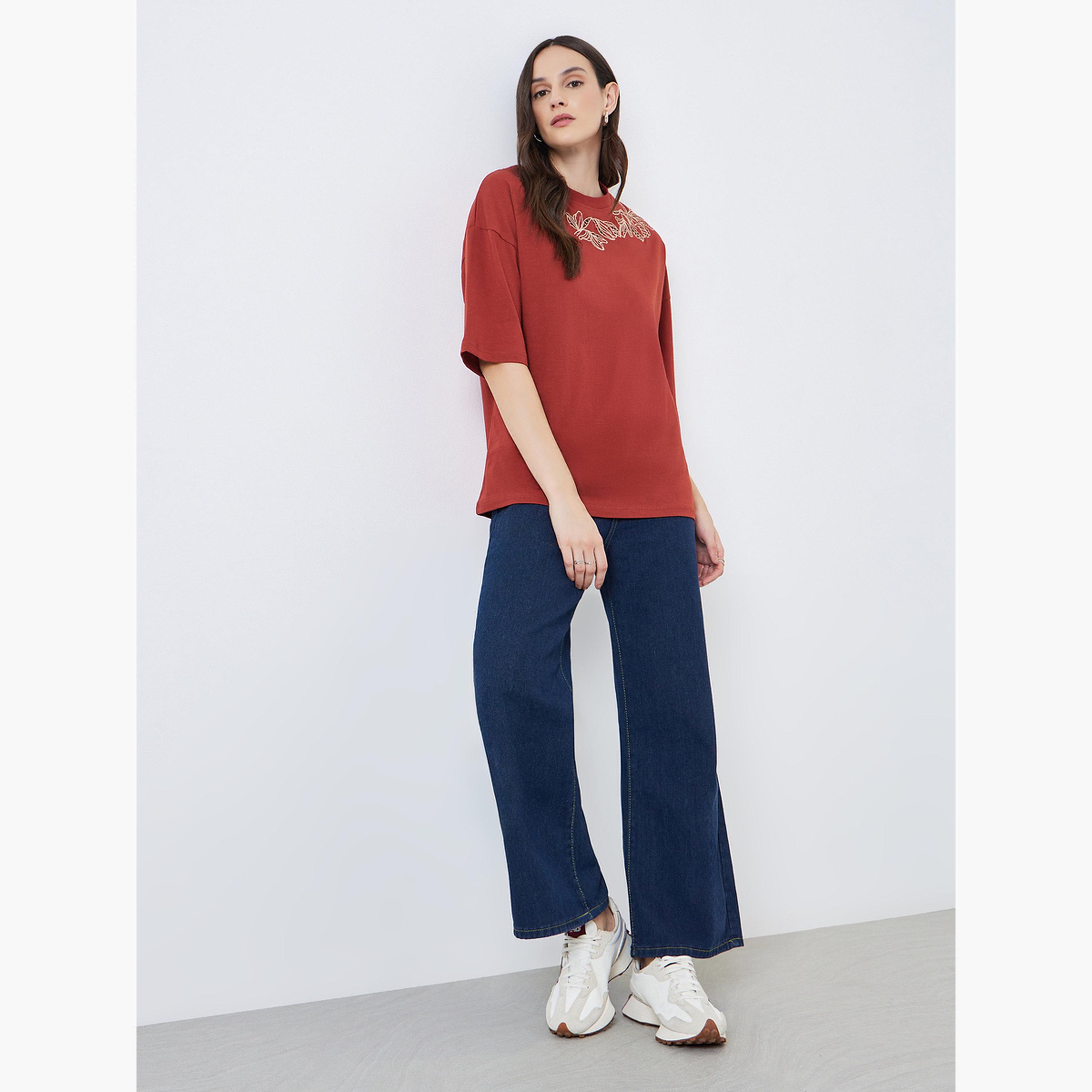 Styli Women Red Embroidered Oversized T-Shirt-women-clothing-tshirts-image-2