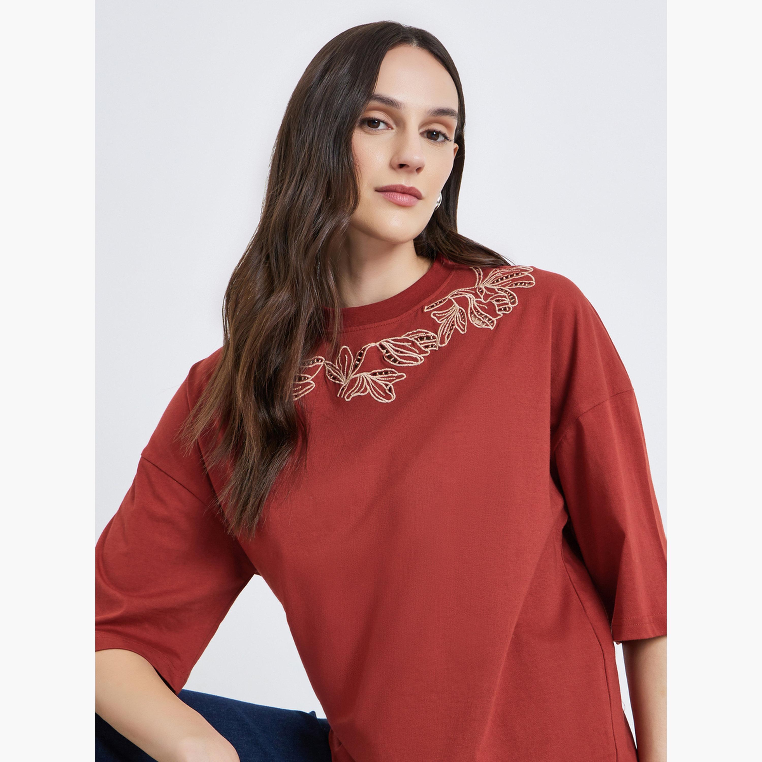 Styli Women Red Embroidered Oversized T-Shirt-women-clothing-tshirts-image-3