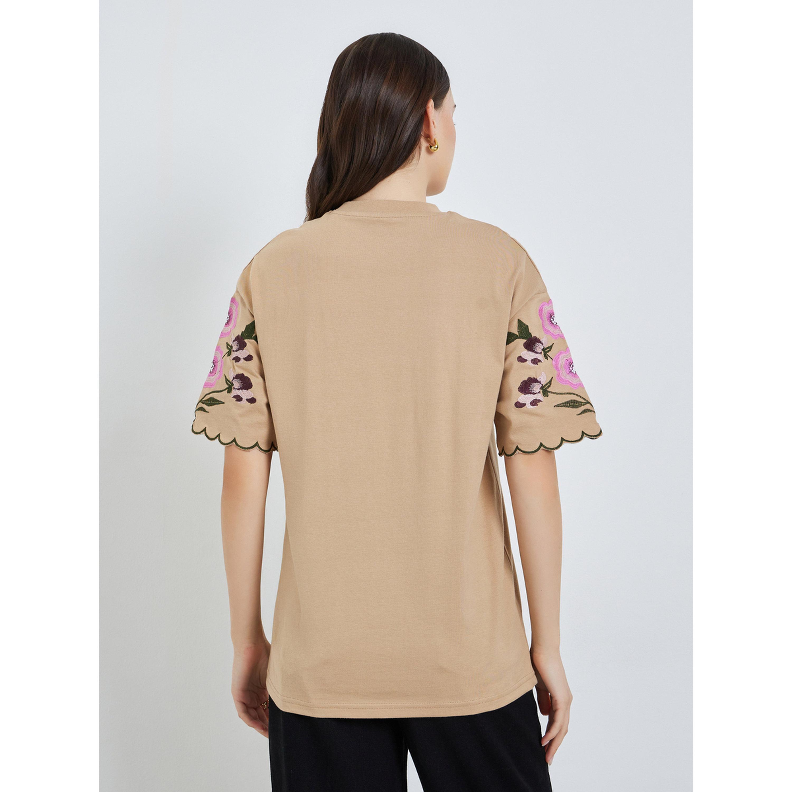 Styli Women Beige Embroidered Floral Sleeve T-Shirt-women-clothing-tshirts-image-4